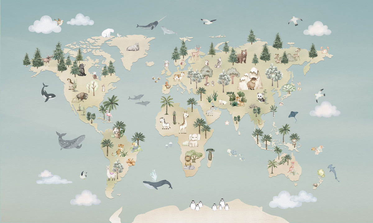 Animal Atlas Blue Wall Mural in your room — zoomed