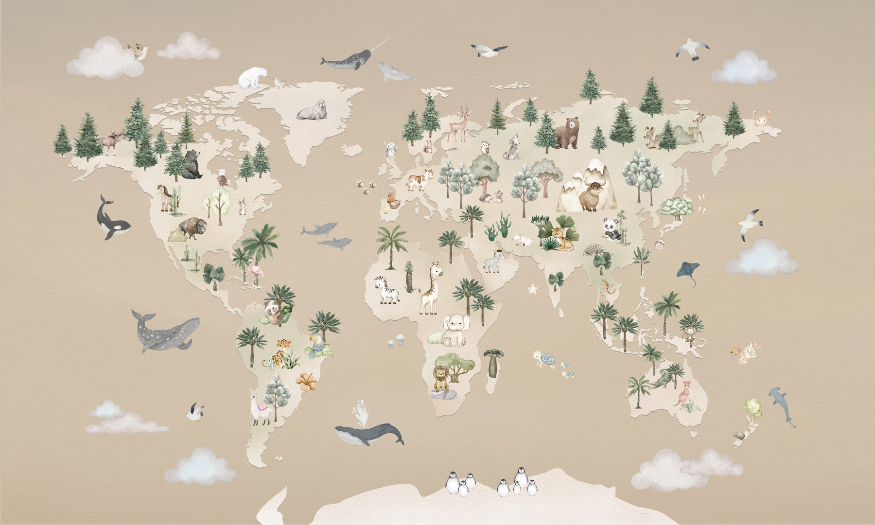 Animal Atlas Brown wall mural in a kids room with world map and wildlife