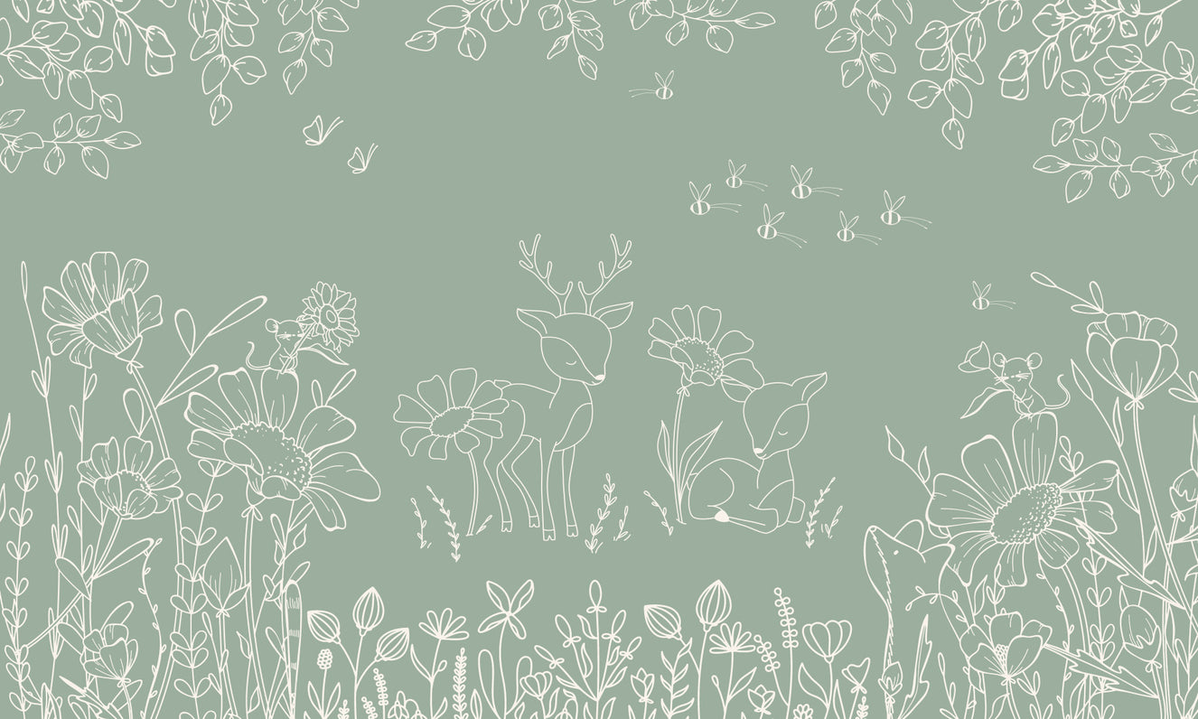 Deer Doodles Green Wall Mural