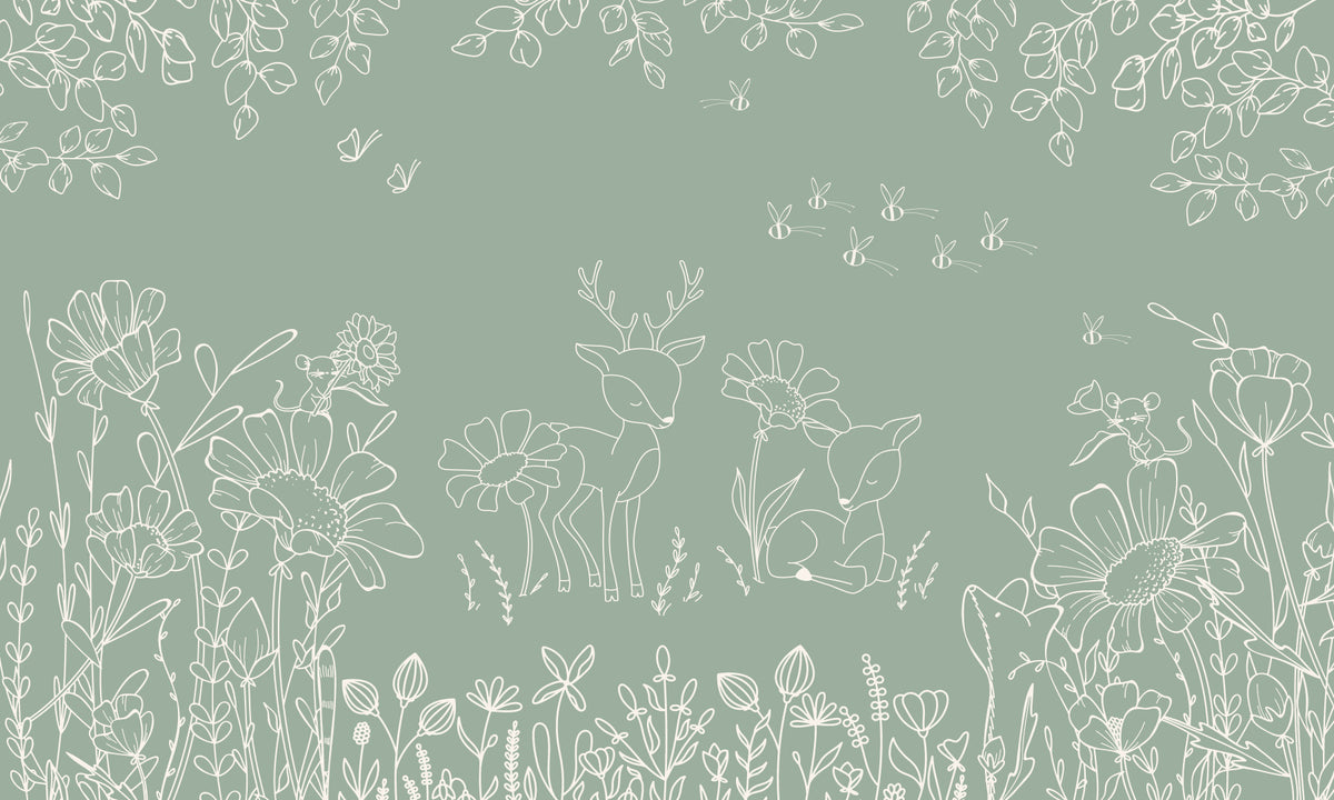 Deer Doodles Green Wall Mural