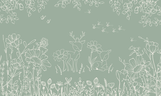 Deer Doodles Green Wall Mural