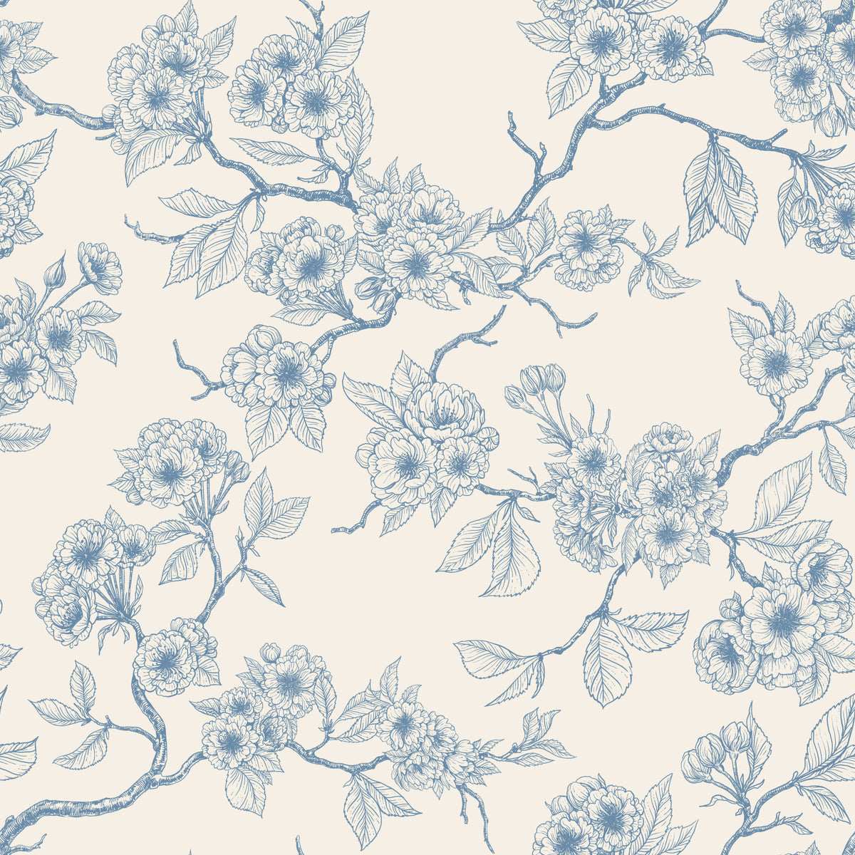Chery blossom branches in blue and off white Wallpaper⁠ in your room — zoomed