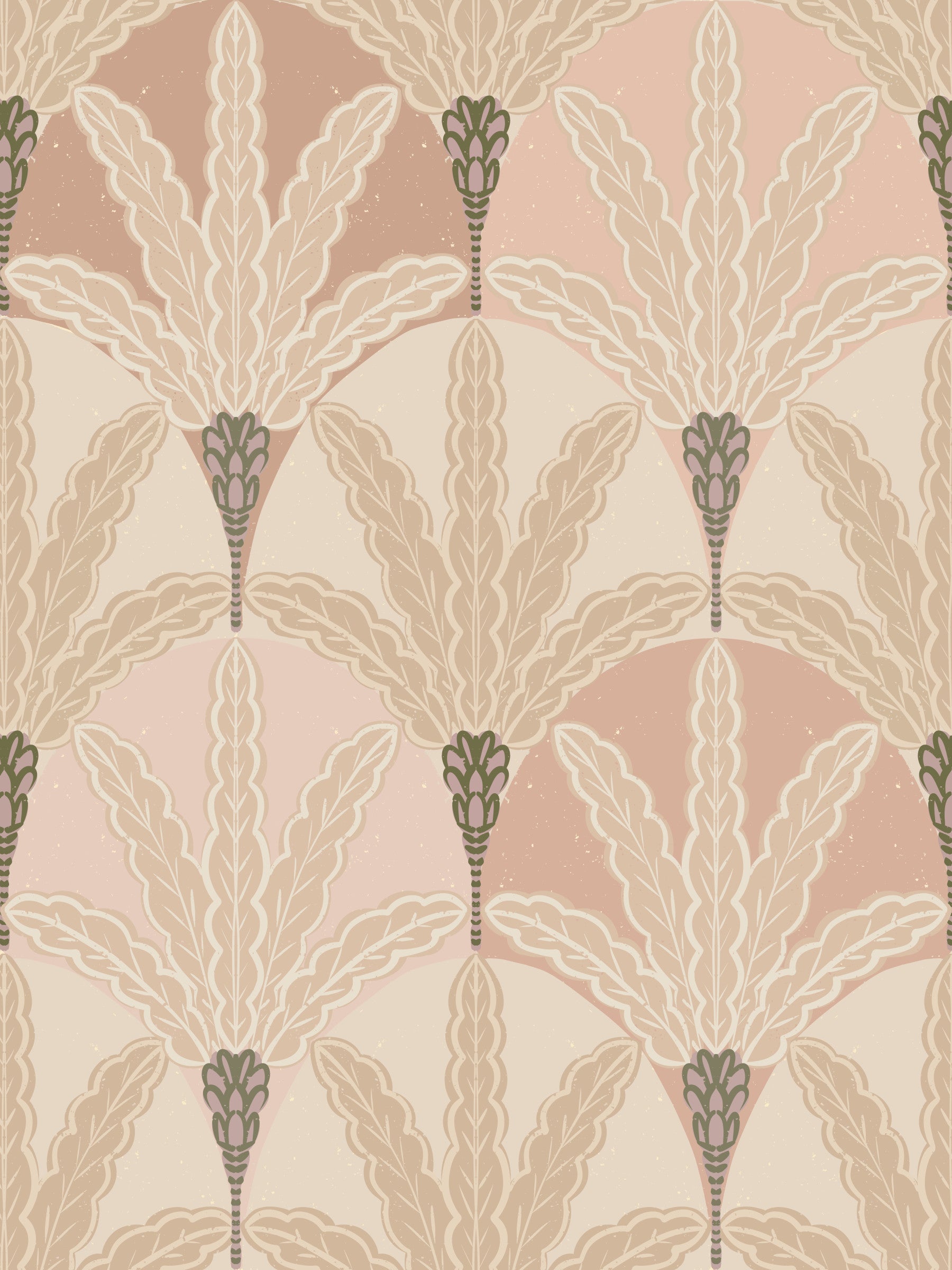 Nursery wallpaper with blush deco foliage and graceful leaf repeat styling detail
