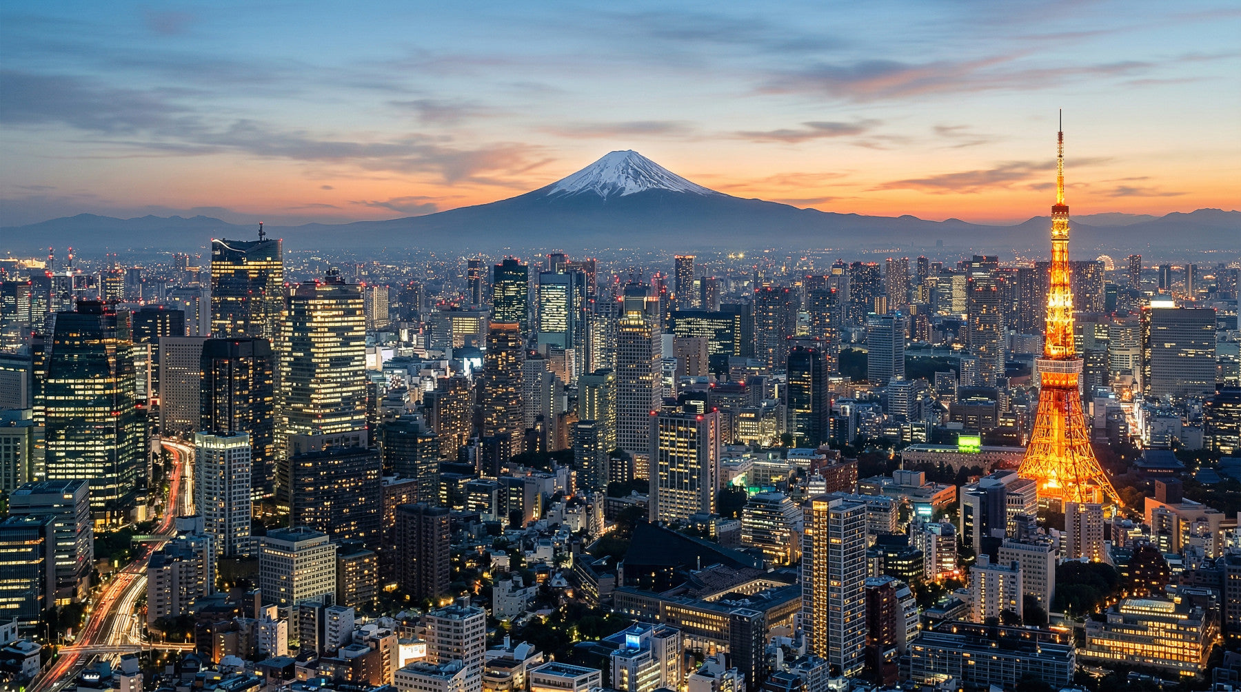 In the living room, Tokyo skyline wall mural frames Mount Fuji at sunset glow view
