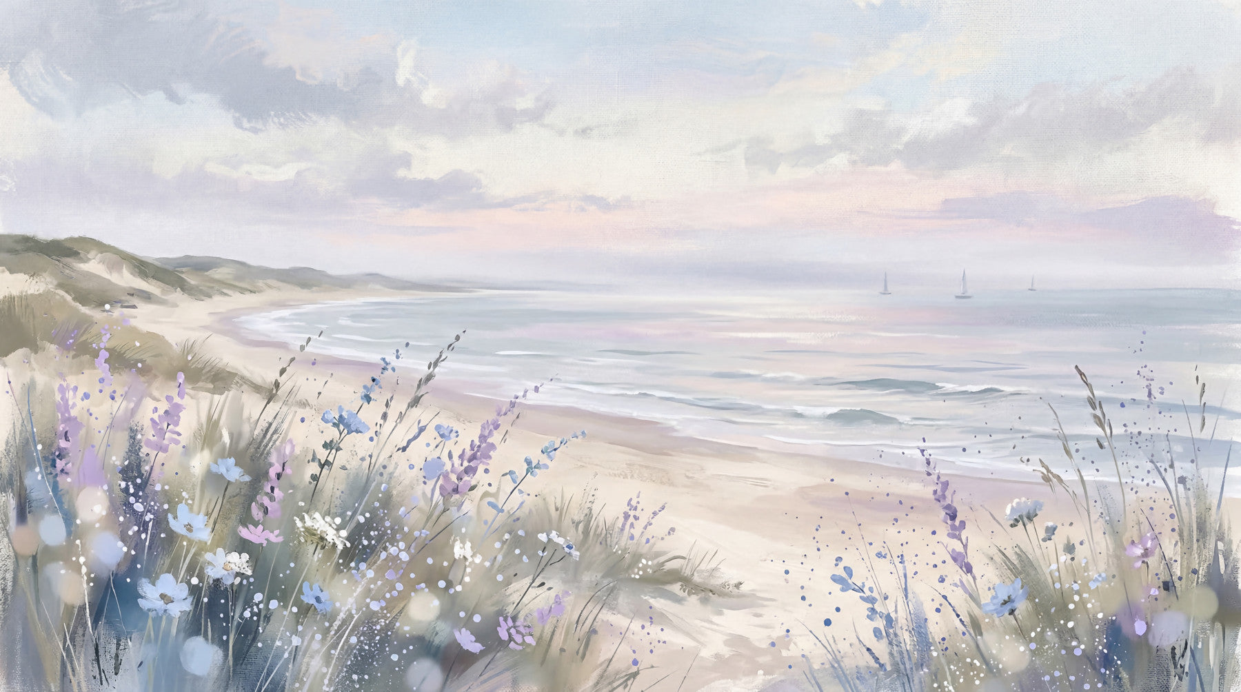 Living room wall mural with seaside dune blooms and soft coastal tones