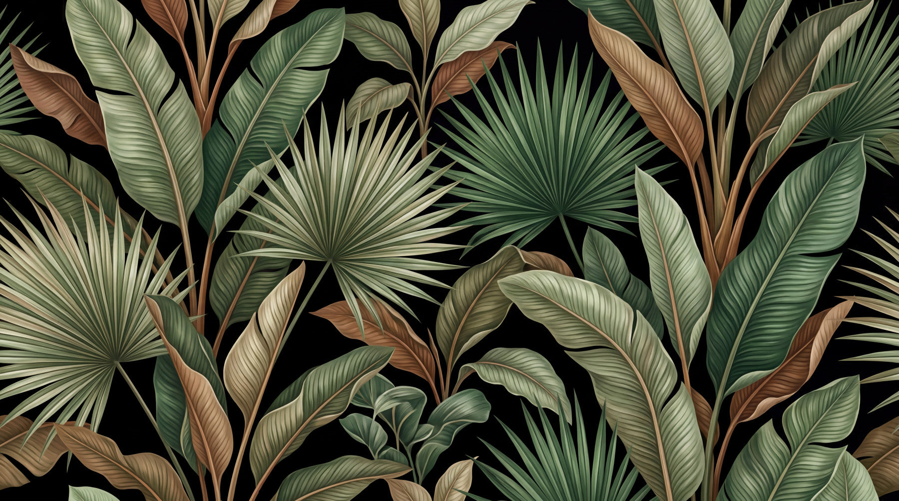 Botanical Noir wall mural with green leaves on black background