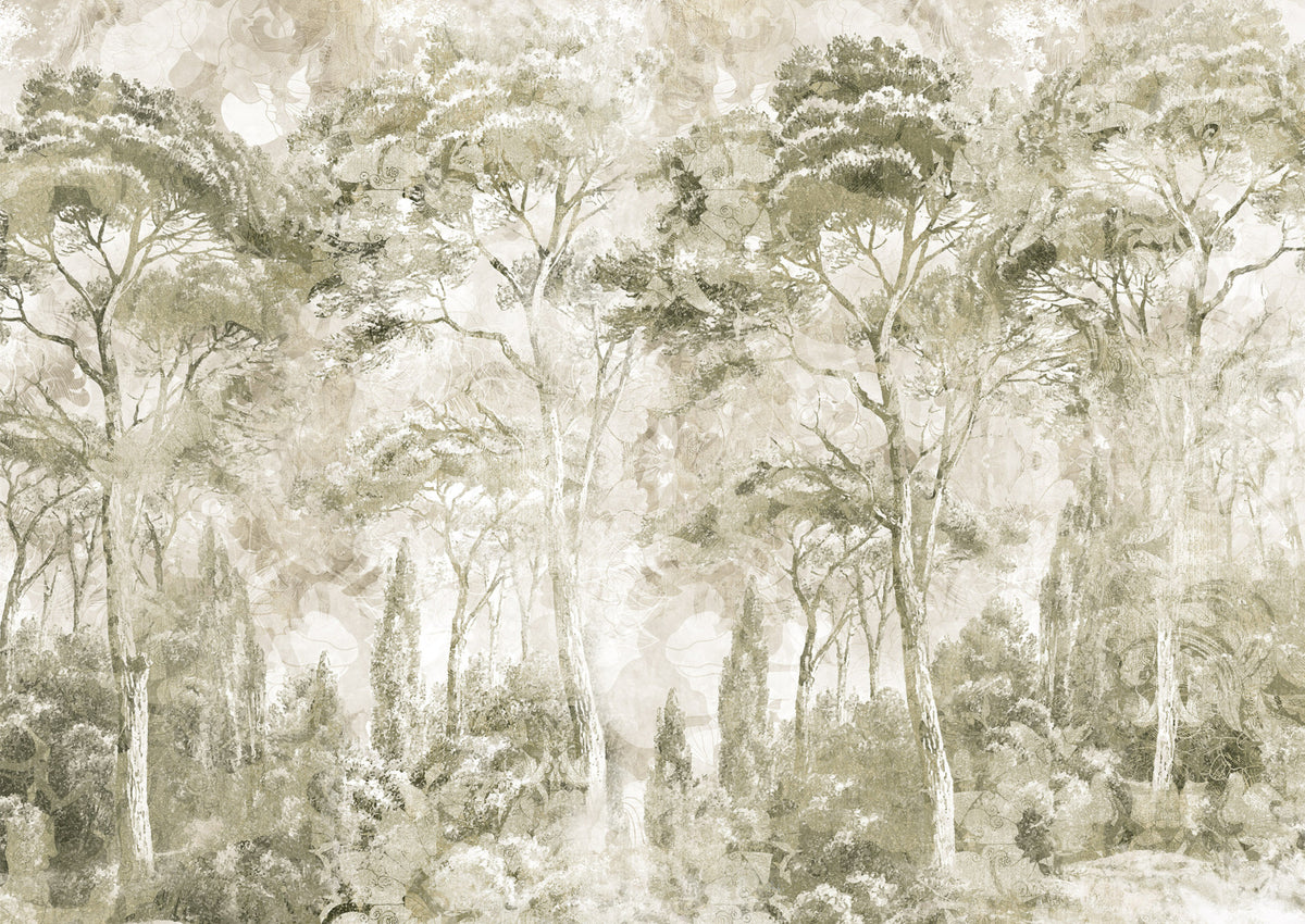 Sepia Pine Forest Landscape Wall Mural in your room