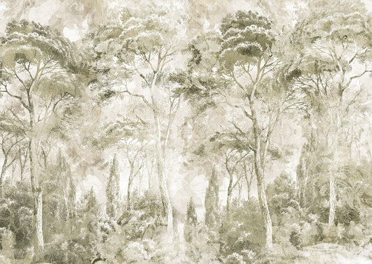 Sepia Pine Forest Landscape Wall Mural