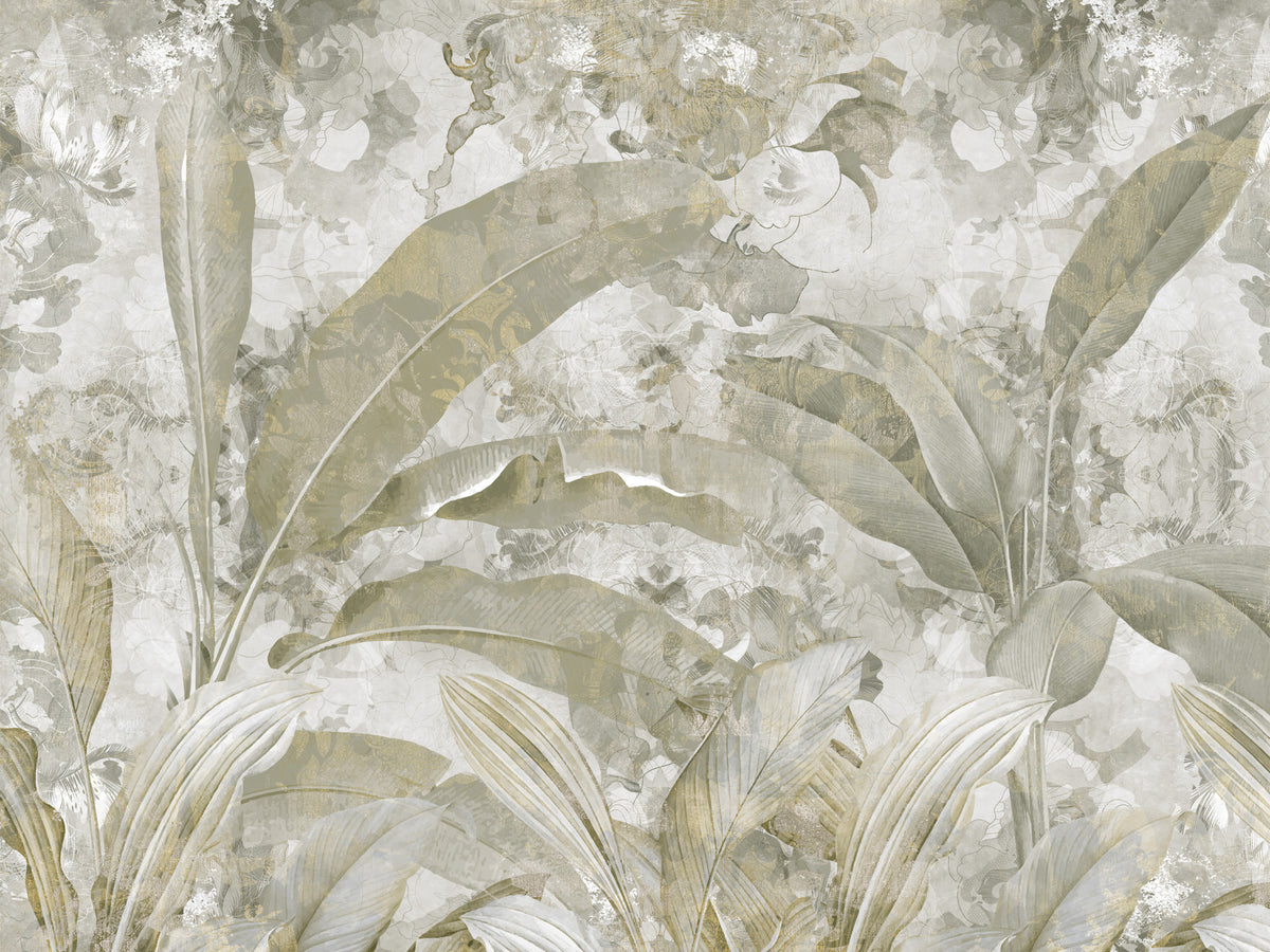 Sage Green Tropical Leaves Wall Mural in your room