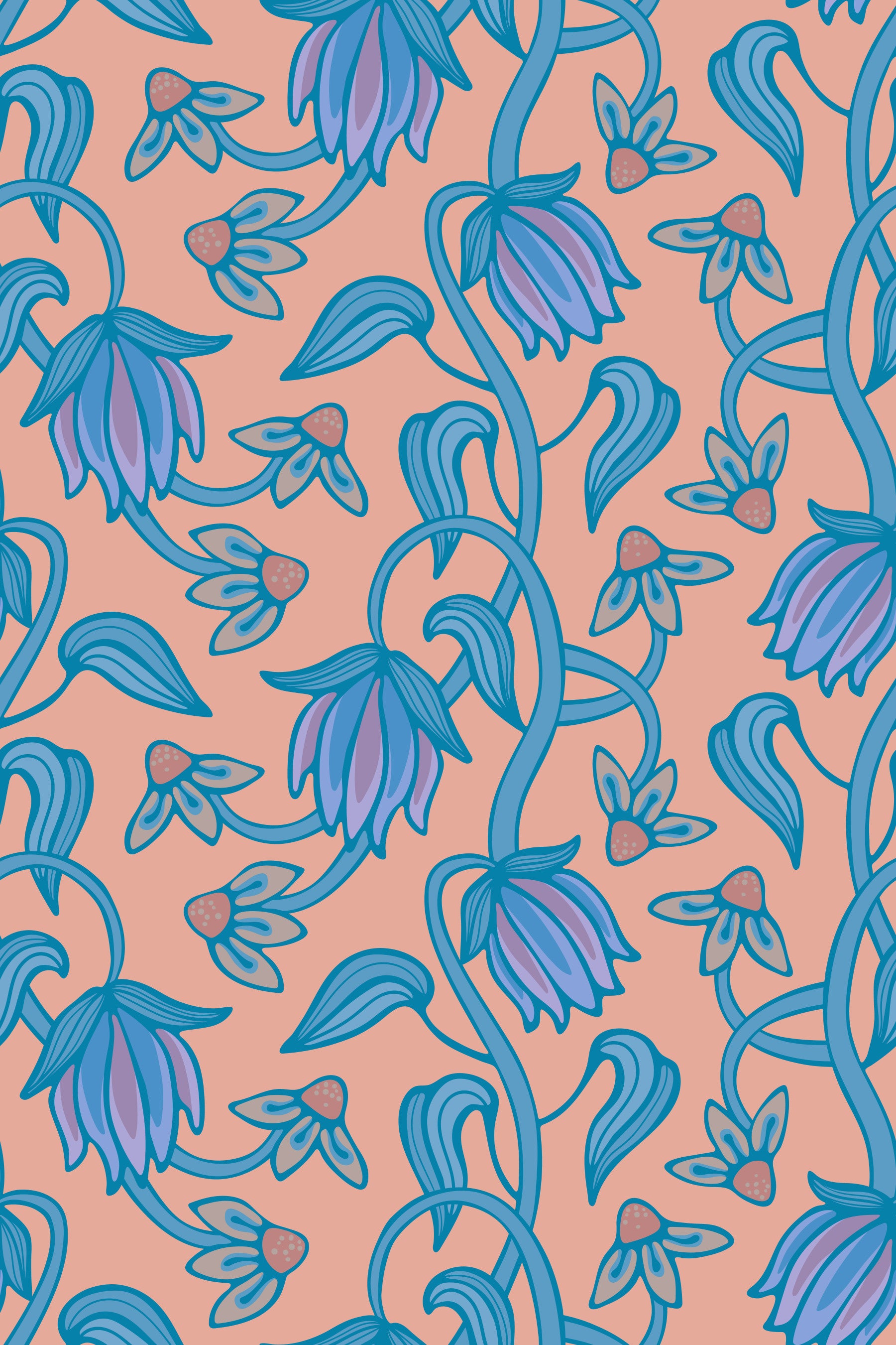 Living room styled with Ophelia Boho Blossoms wallpaper blue purple florals
