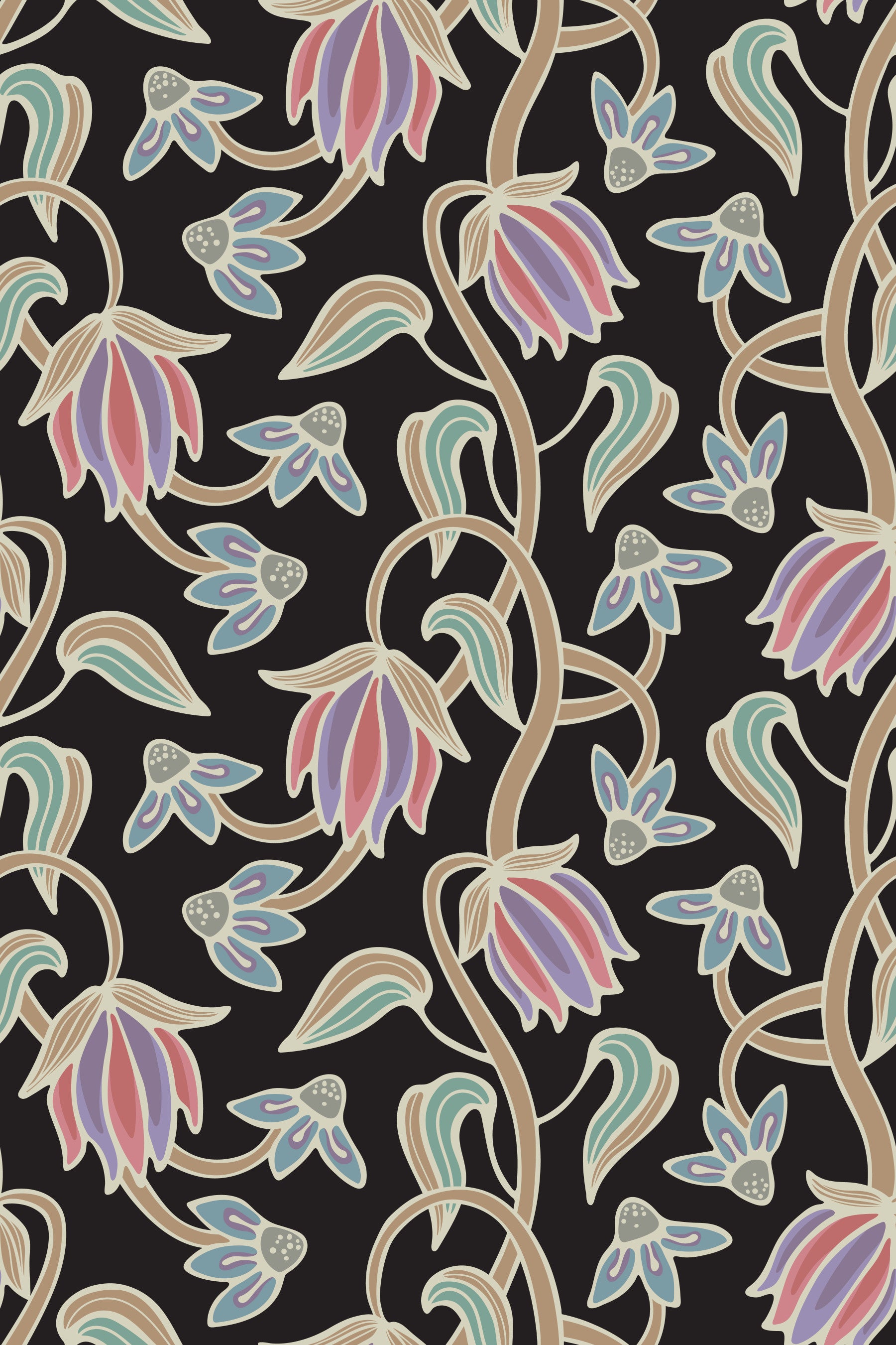 Bedroom styled with Ophelia Boho Blossoms wallpaper pastel floral contrast