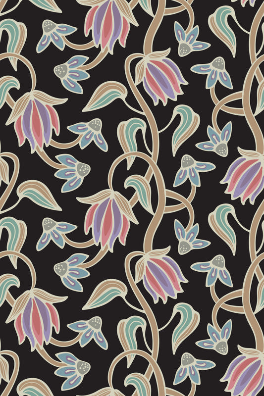 Ophelia Boho Blossoms Floral Antique Pastels on Black Wallpaper⁠