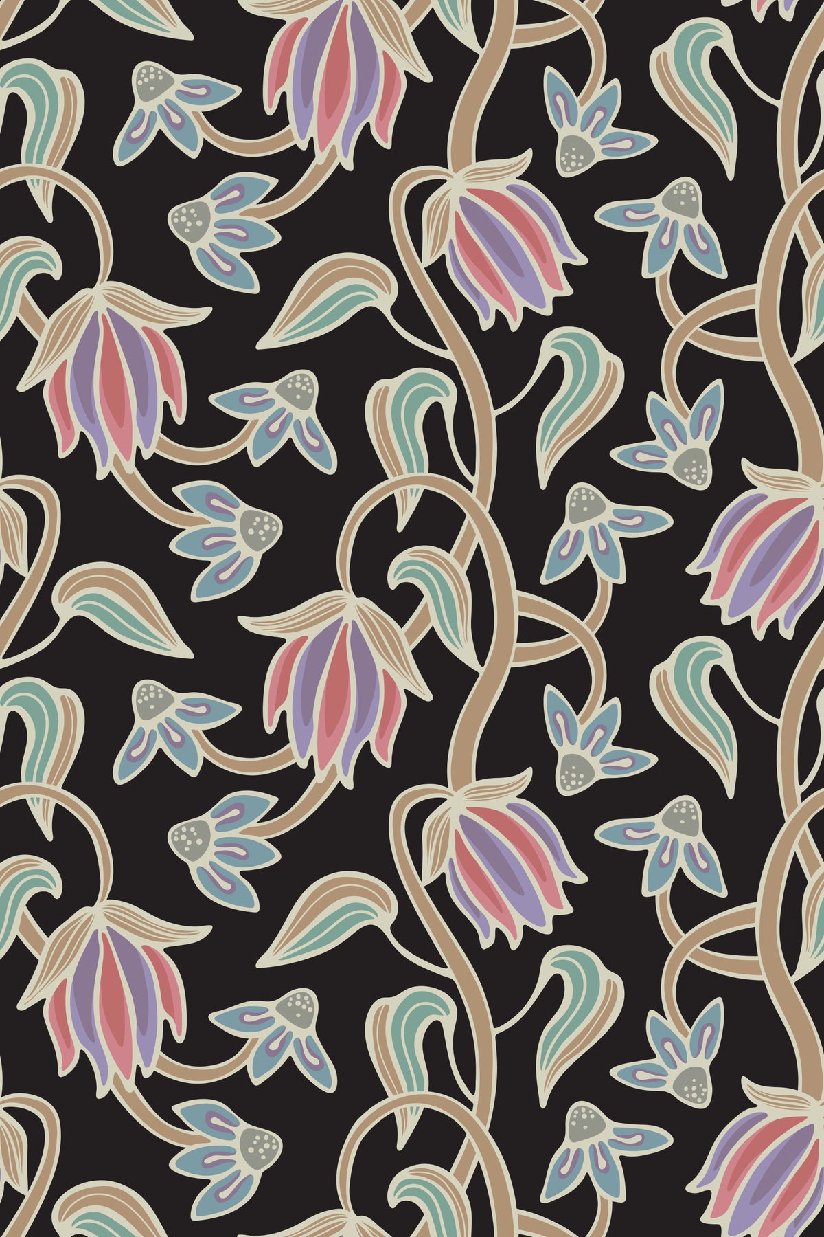 Ophelia Boho Blossoms Floral Antique Pastels on Black Wallpaper⁠