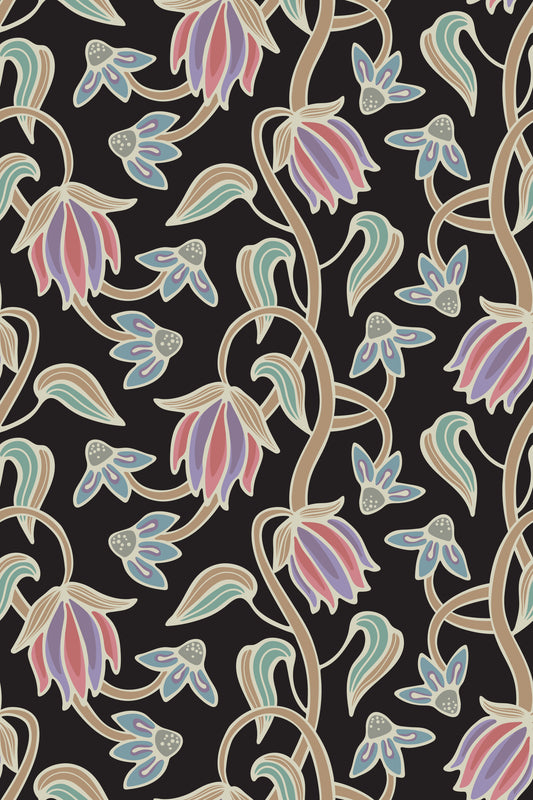 Ophelia Boho Blossoms Floral Antique Pastels on Black Wallpaper⁠