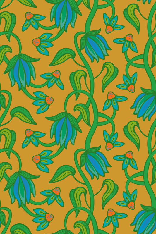 Ophelia Boho Blossoms Floral Tropical Blue Green on Mustard Yellow Wallpaper⁠
