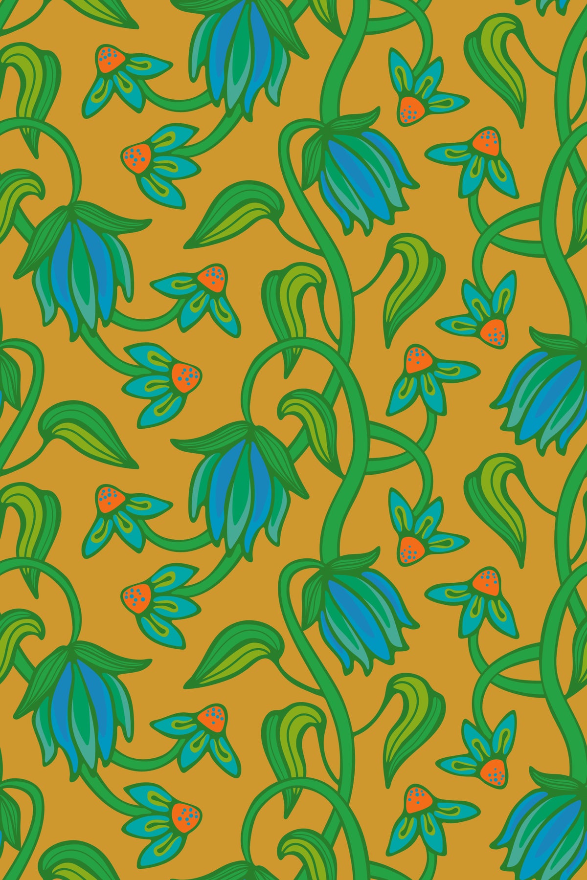 Ophelia Boho Blossoms Floral Tropical Blue Green on Mustard Yellow Wallpaper⁠