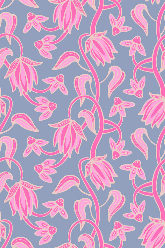 Ophelia Boho Blossoms Floral Pretty Pink on Lavender Purple Wallpaper⁠