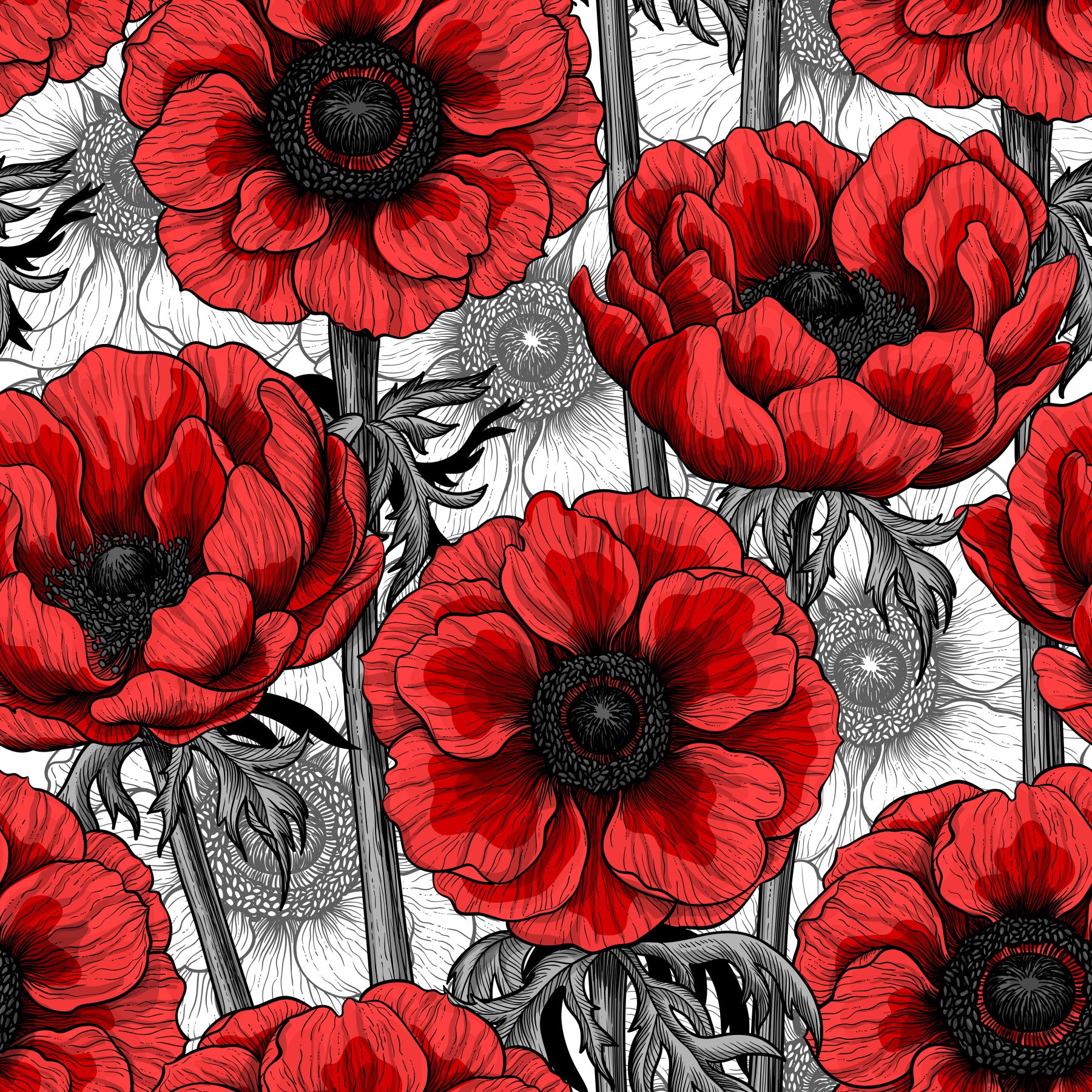 Bathroom styled with Red Anemone Garden on White wallpaper floral