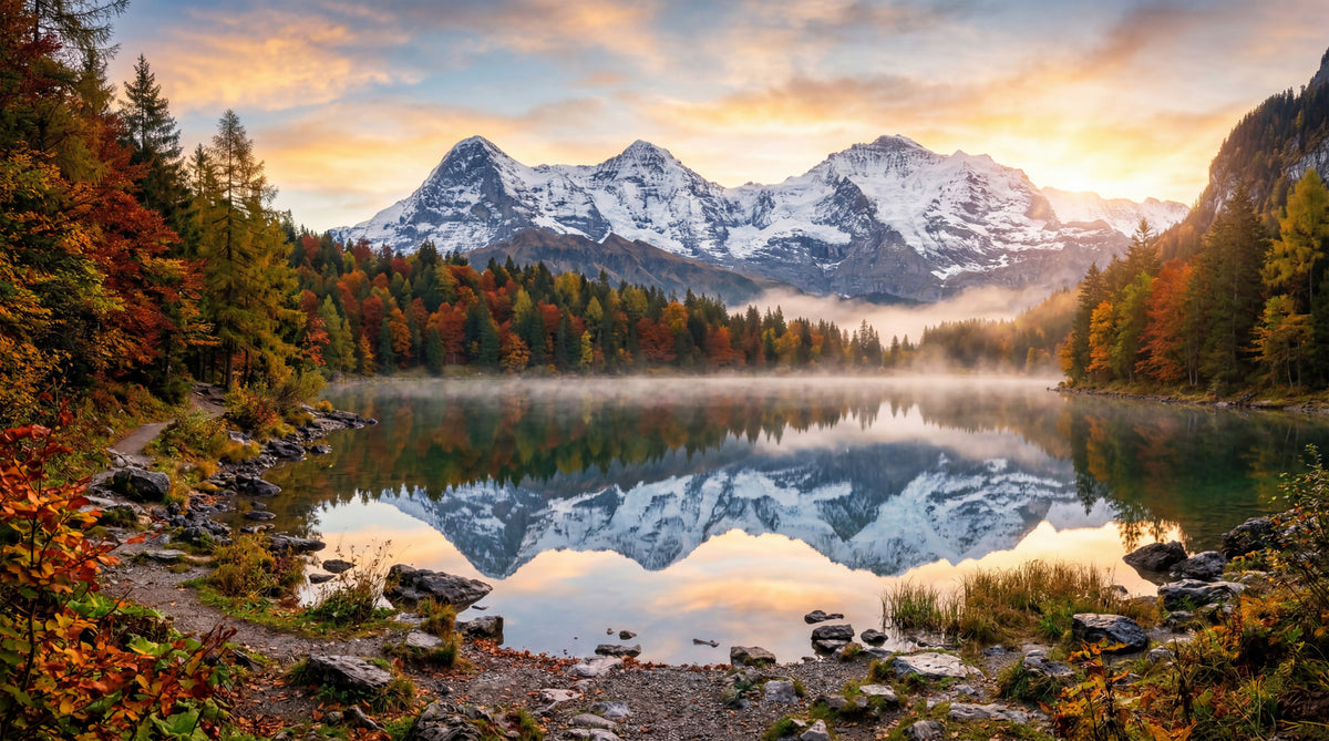 Misty Peaks: Autumn Reflections at Dawn Wall Mural