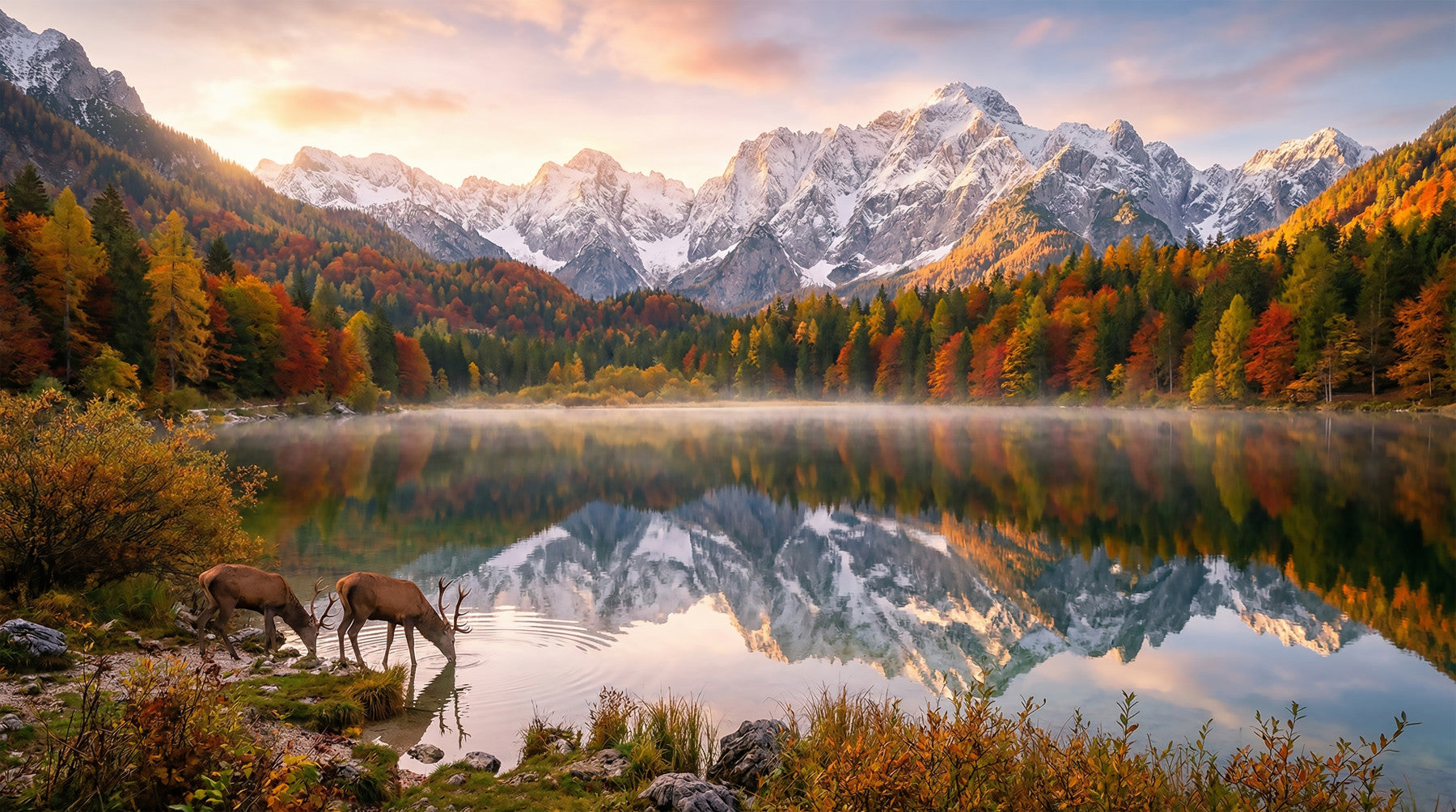 Living room styled with Alpine Autumn Reflection with Deer wall mural lake view
