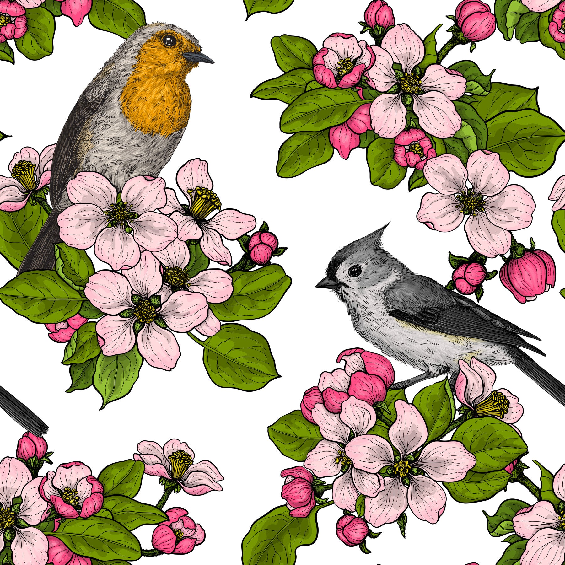 Birds and Blossoms on white Wallpaper⁠