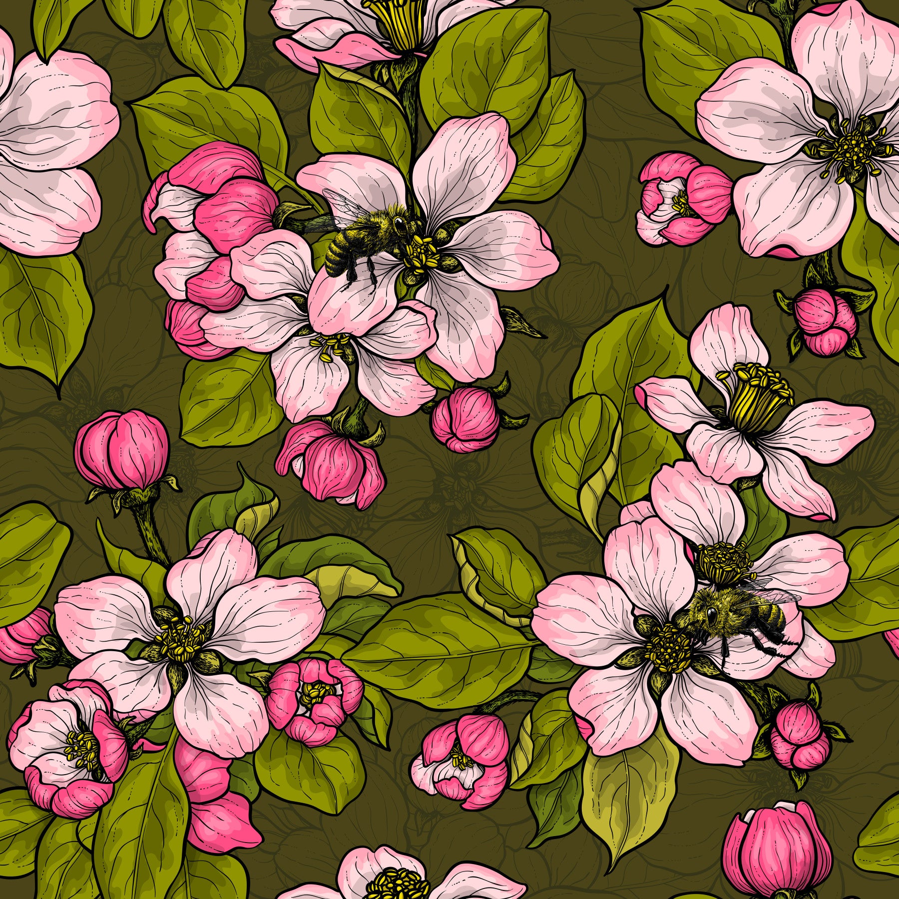 Dining area setup with Apple Blossom on Green wallpaper floral layout