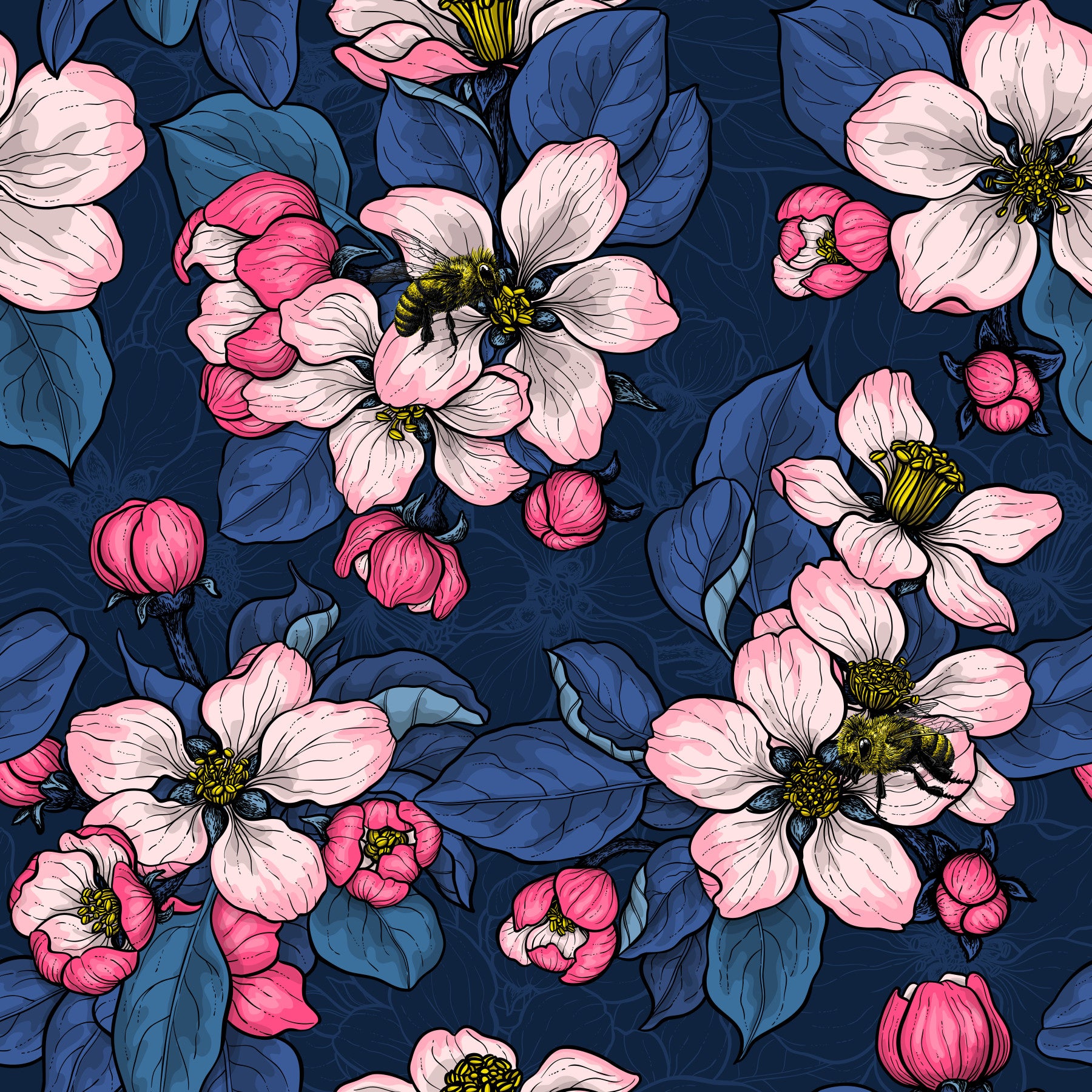Bedroom wall featuring Apple Blossom on Dark Blue wallpaper pink blooms