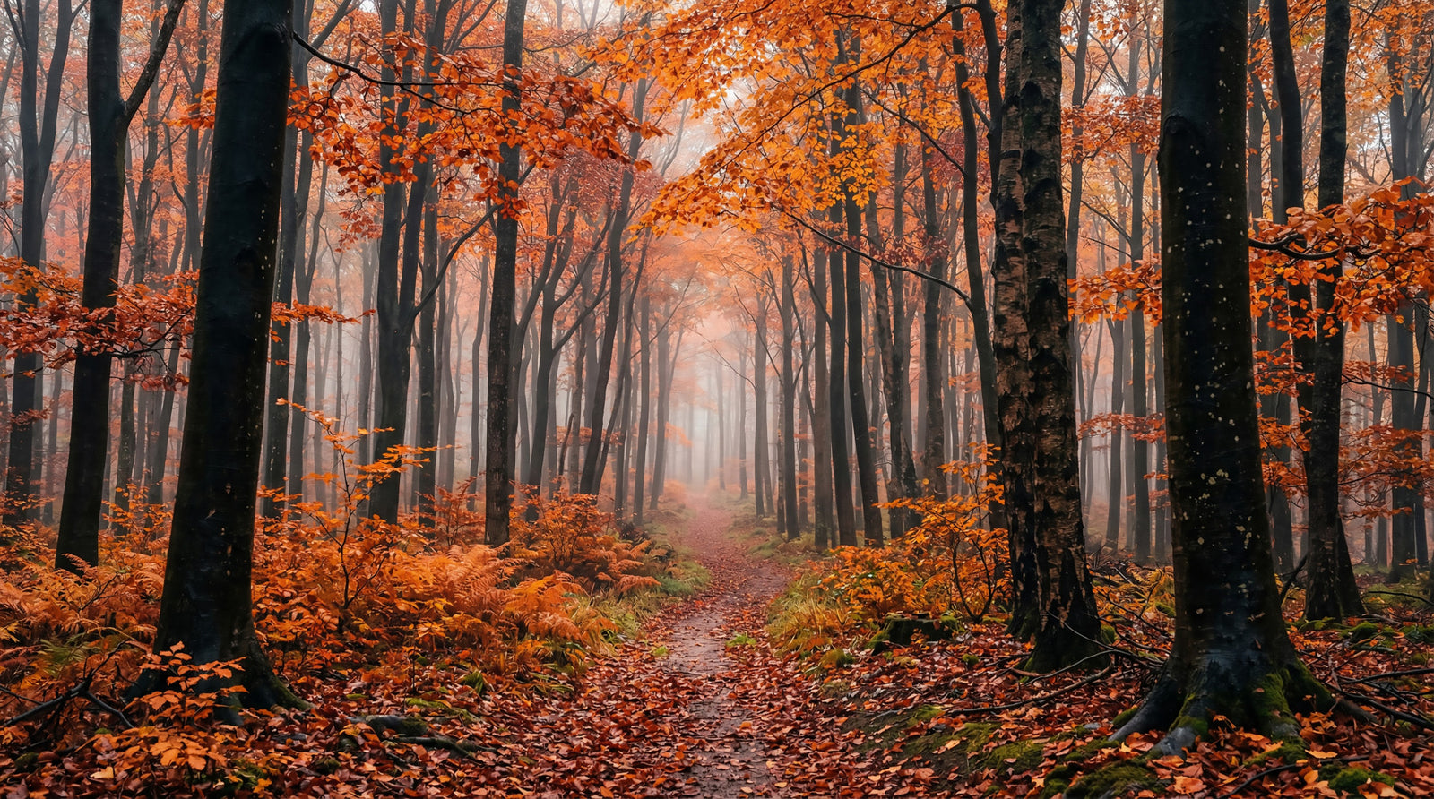 Misty Autumn Forest Path Wall Mural