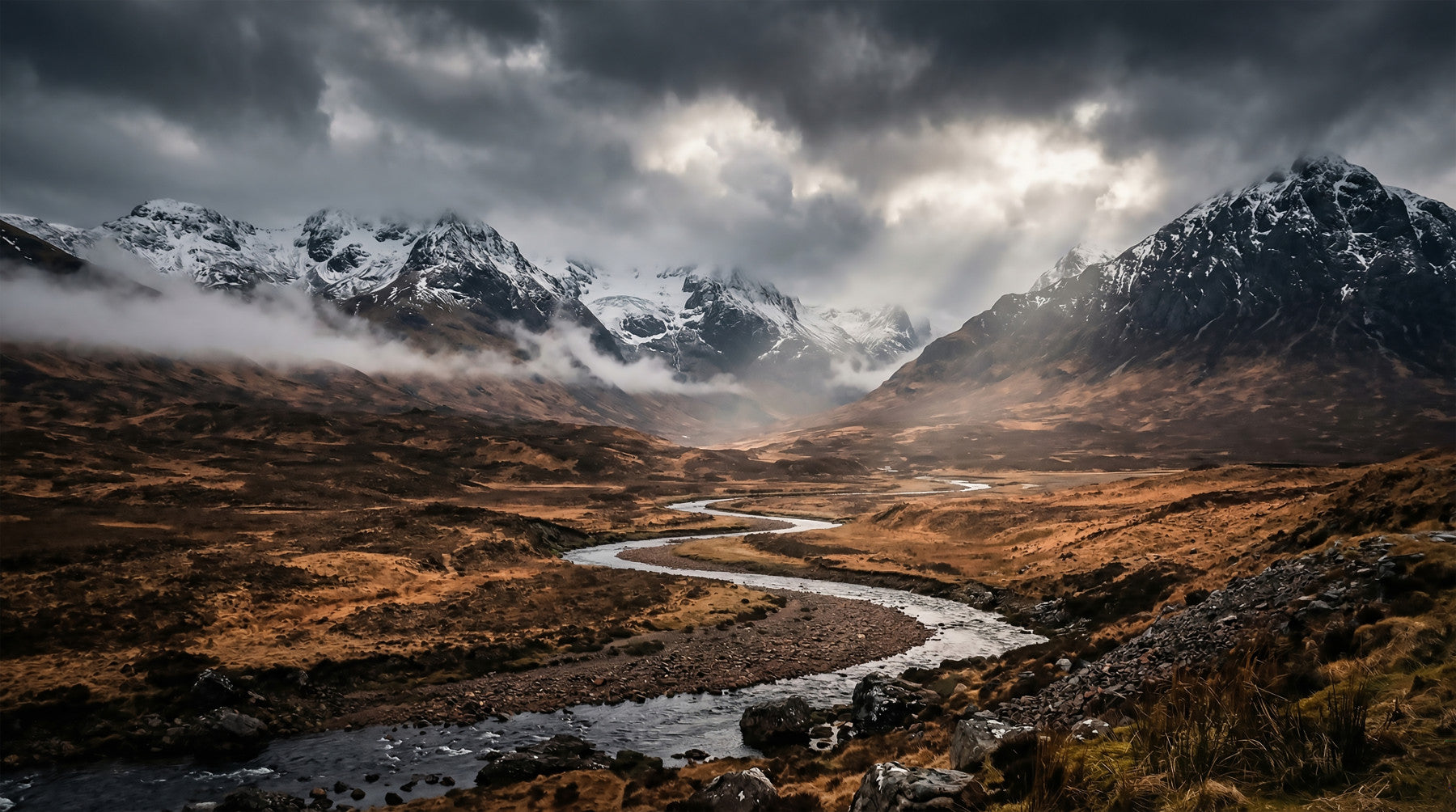 Dining room with Highlands Dramatic Embrace wall mural mountain river view