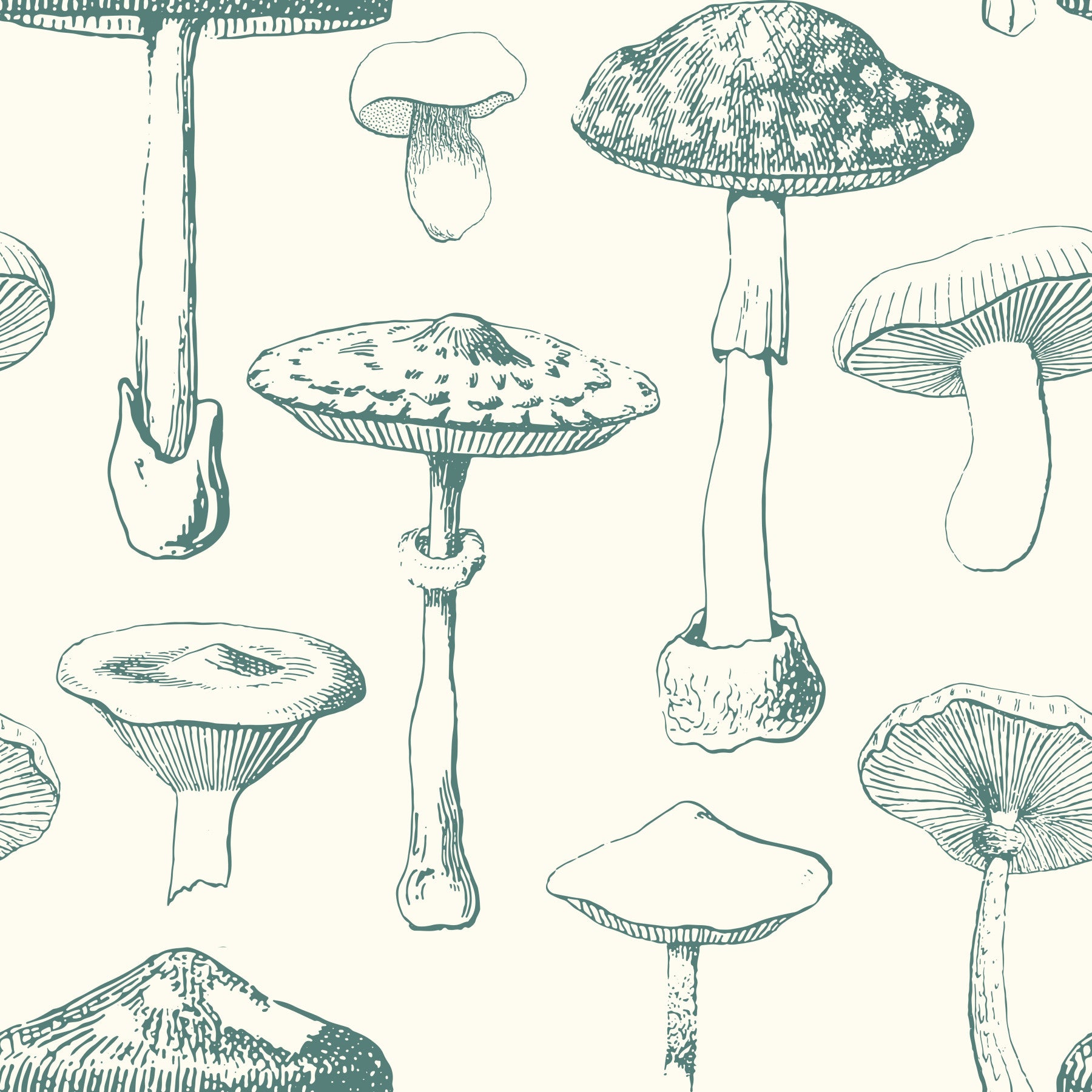 Bedroom with Verdant Spore Study wallpaper in soft mushroom sketch repeat