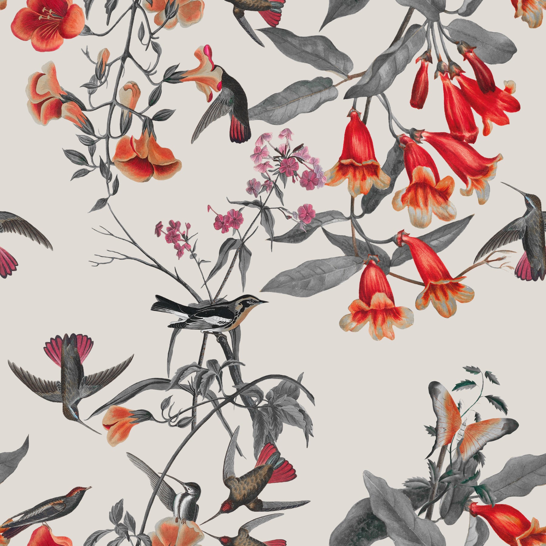 Crimson Flower Aviary Wallpaper