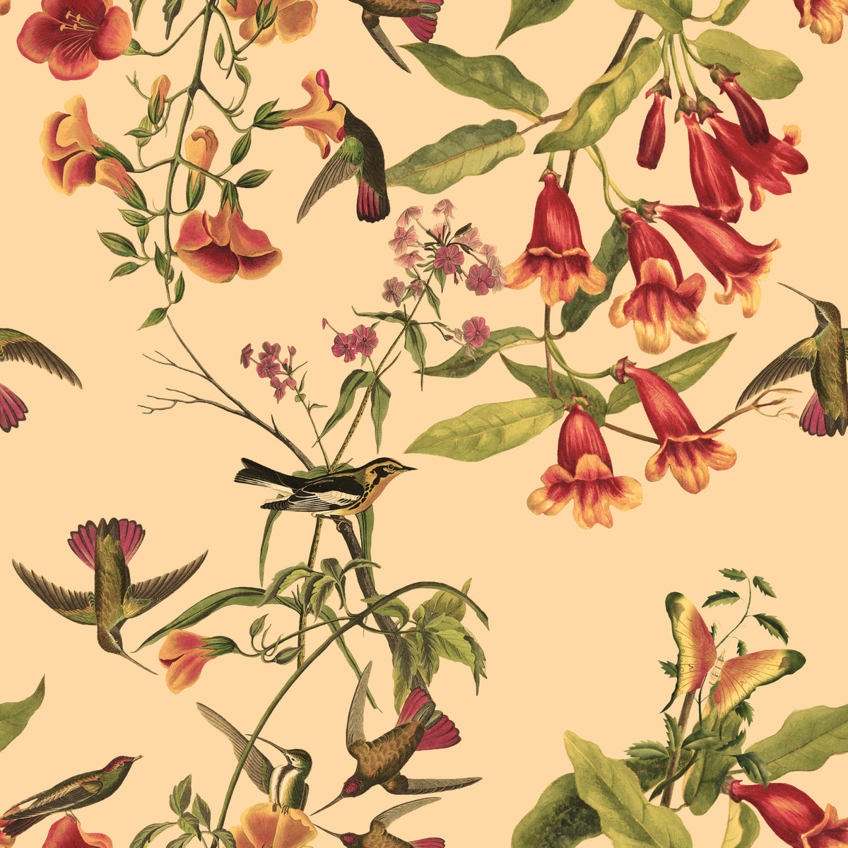 Tropical Flowers and Hummingbirds Vintage Style Wallpaper in your room — zoomed