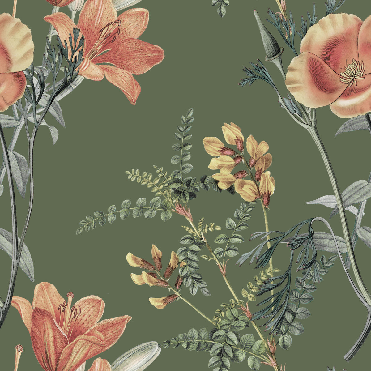 Flores tradicionales en olivo Wallpaper⁠ in your room — zoomed