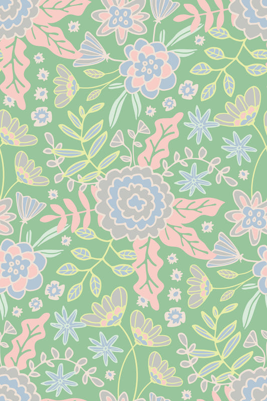 Buds and Blossom Floral Cottagecore Pastel Garden Green Wallpaper⁠