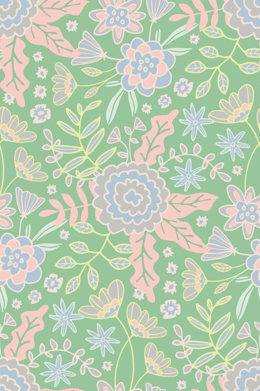 Buds and Blossom Floral Cottagecore Pastel Garden Green Wallpaper⁠