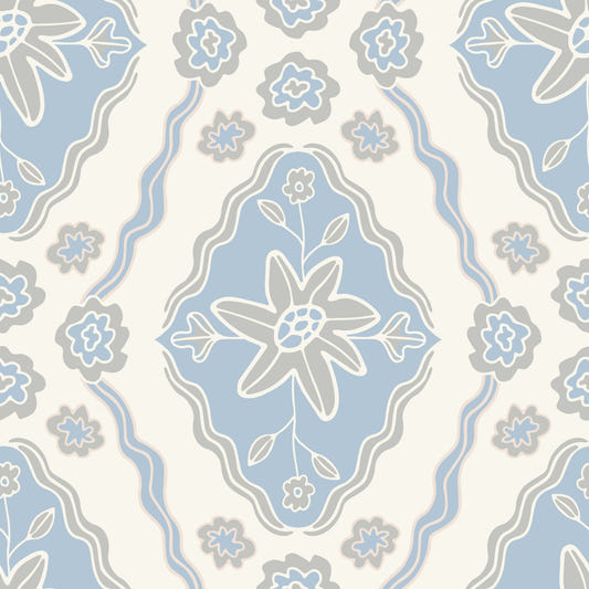 Sun-Kissed Cottagecore Spring Floral Botanical Diamond Gray Blue and White Wallpaper⁠