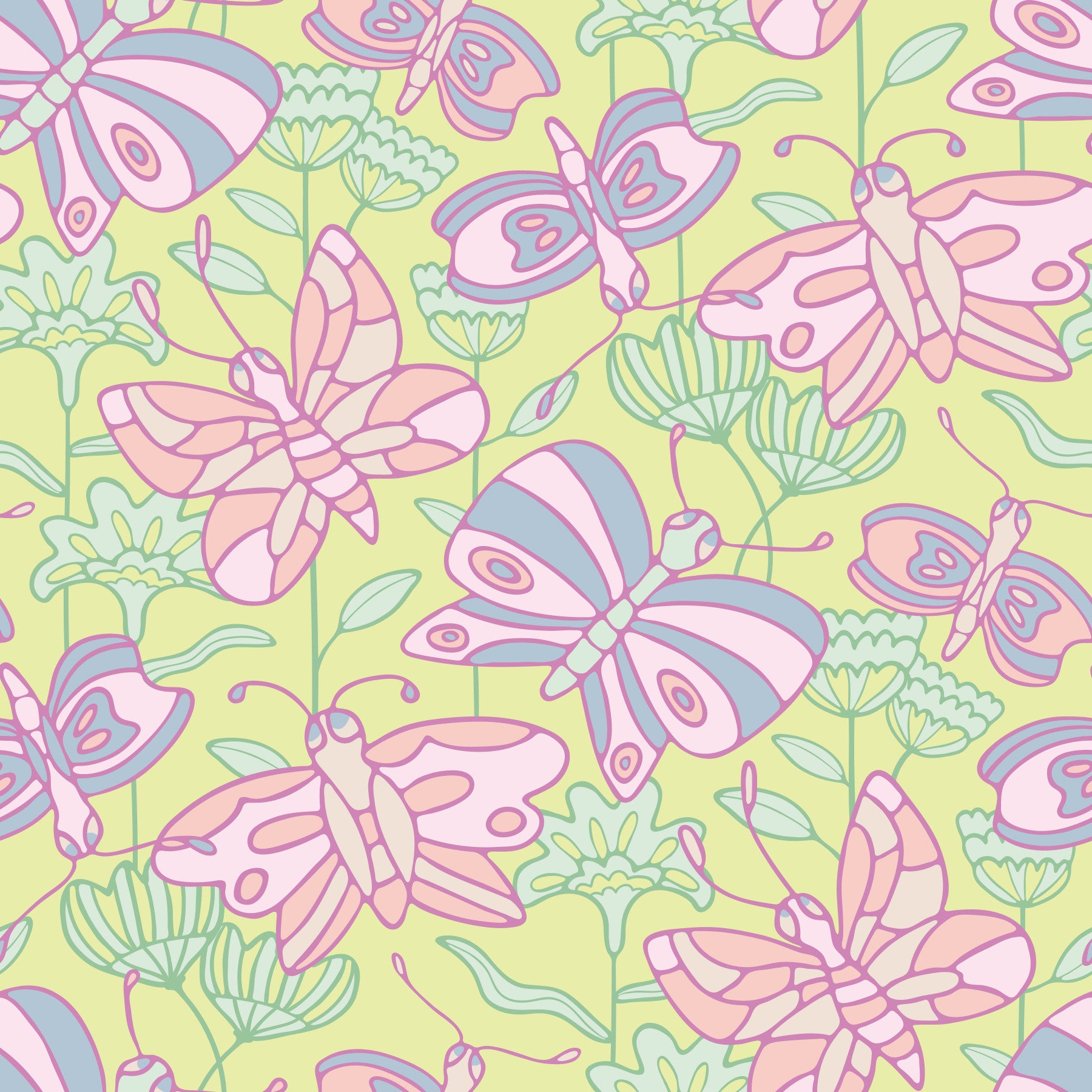 Flutter Cottagecore Spring Butterfly Floral Pastel Pink Purple Green Wallpaper⁠