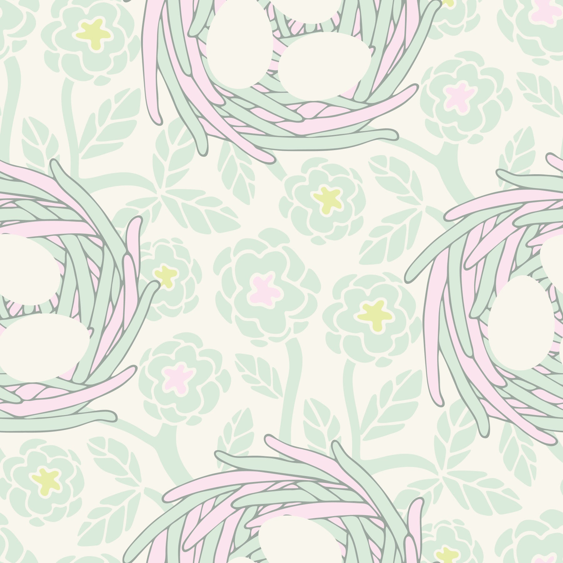 Cozy Nest Cottagecore Spring Floral Bird Eggs Pastel Mint White Wallpaper⁠