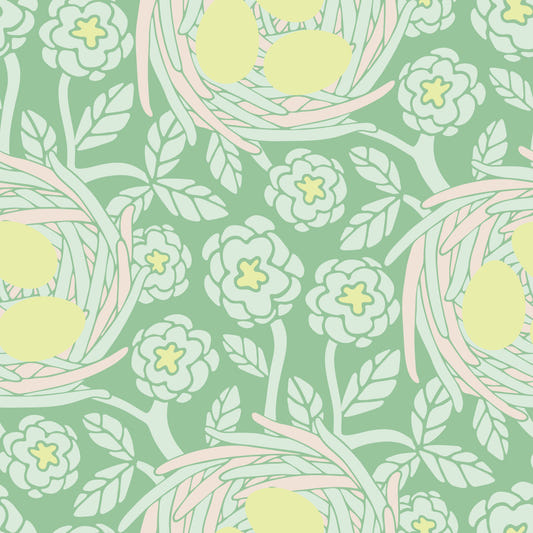 Cozy Nest Cottagecore Spring Floral Bird Eggs Pastel Yellow Green Wallpaper⁠