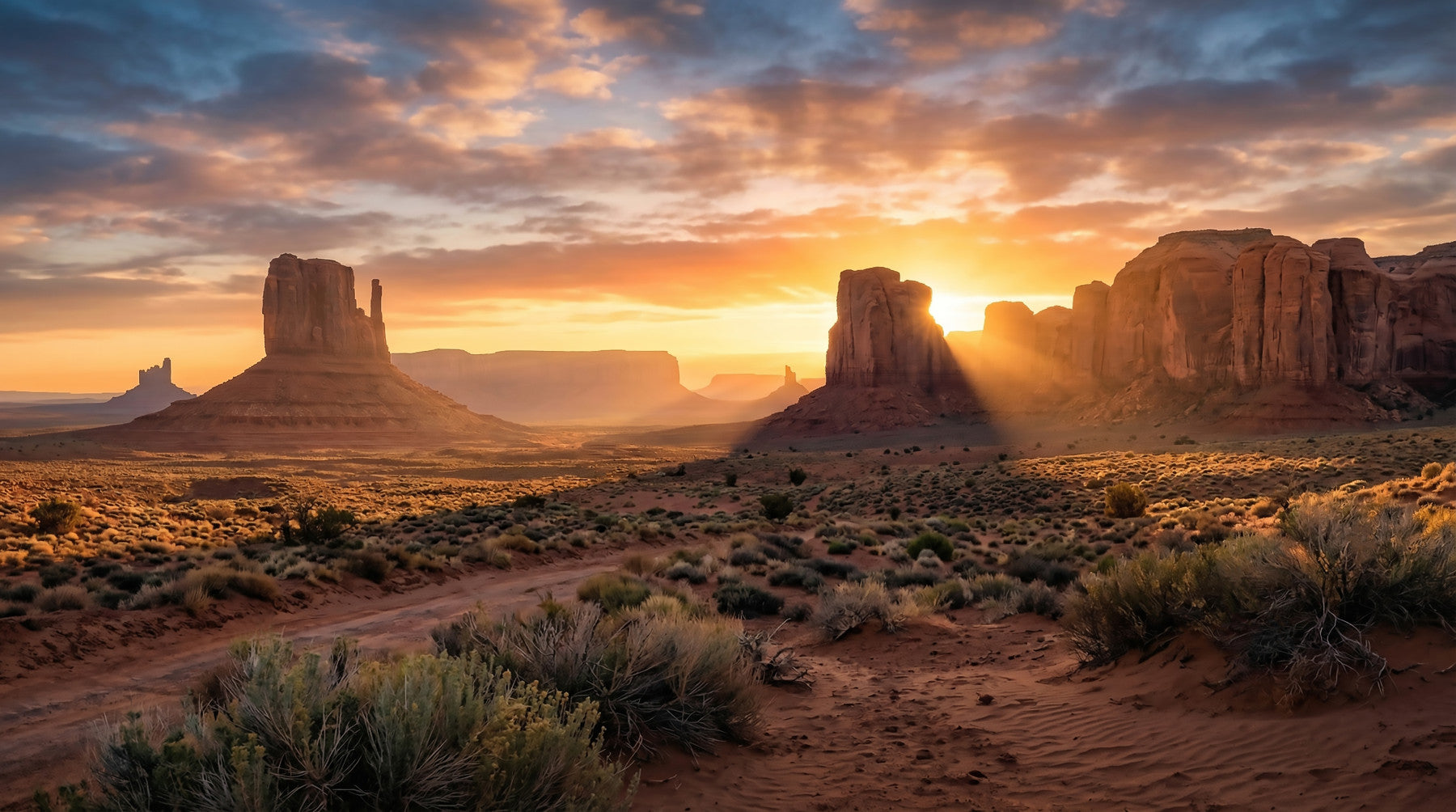 Living room Desert Horizon wall mural with golden buttes and sunset sky