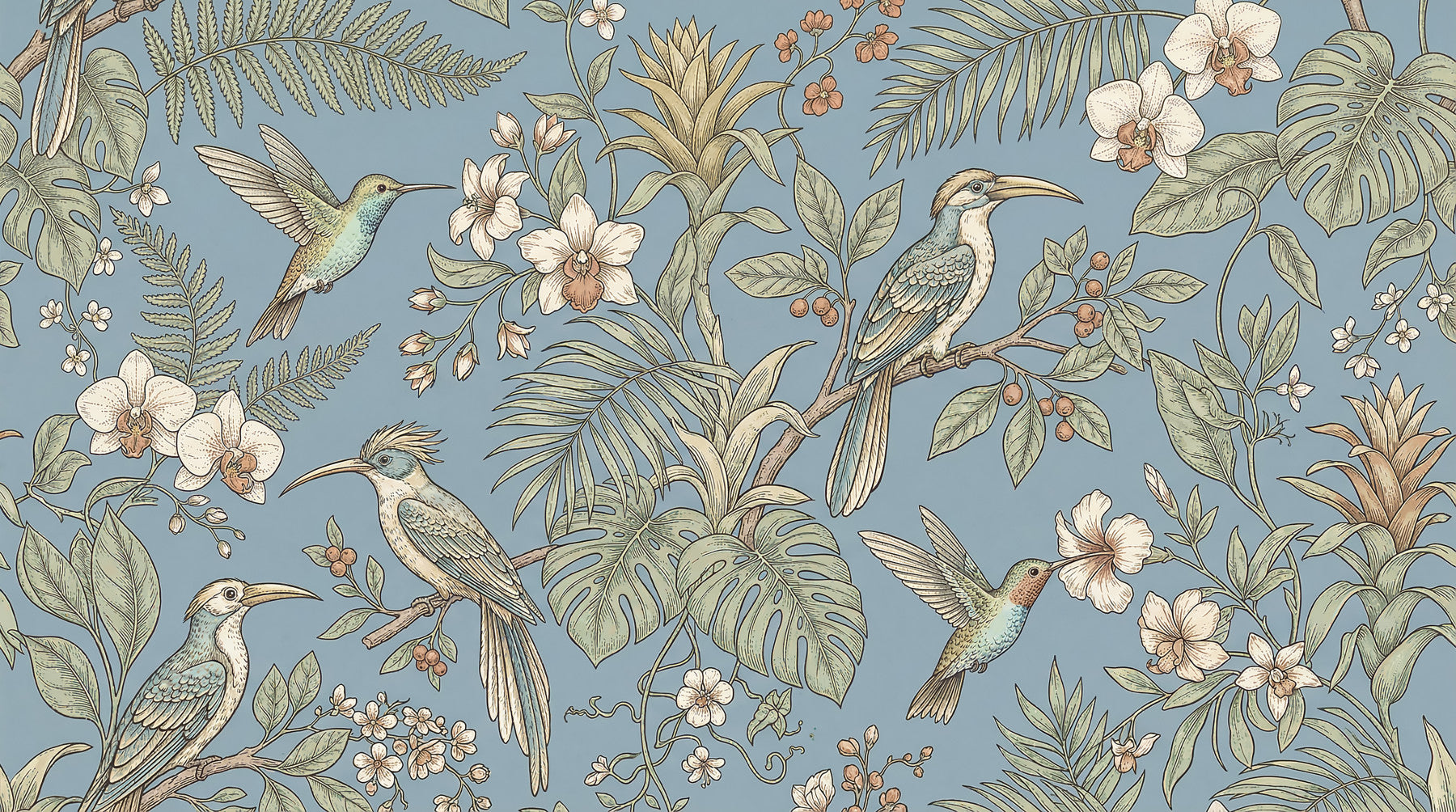 Living room with Exotic Serenity aviary wall mural and blue foliage