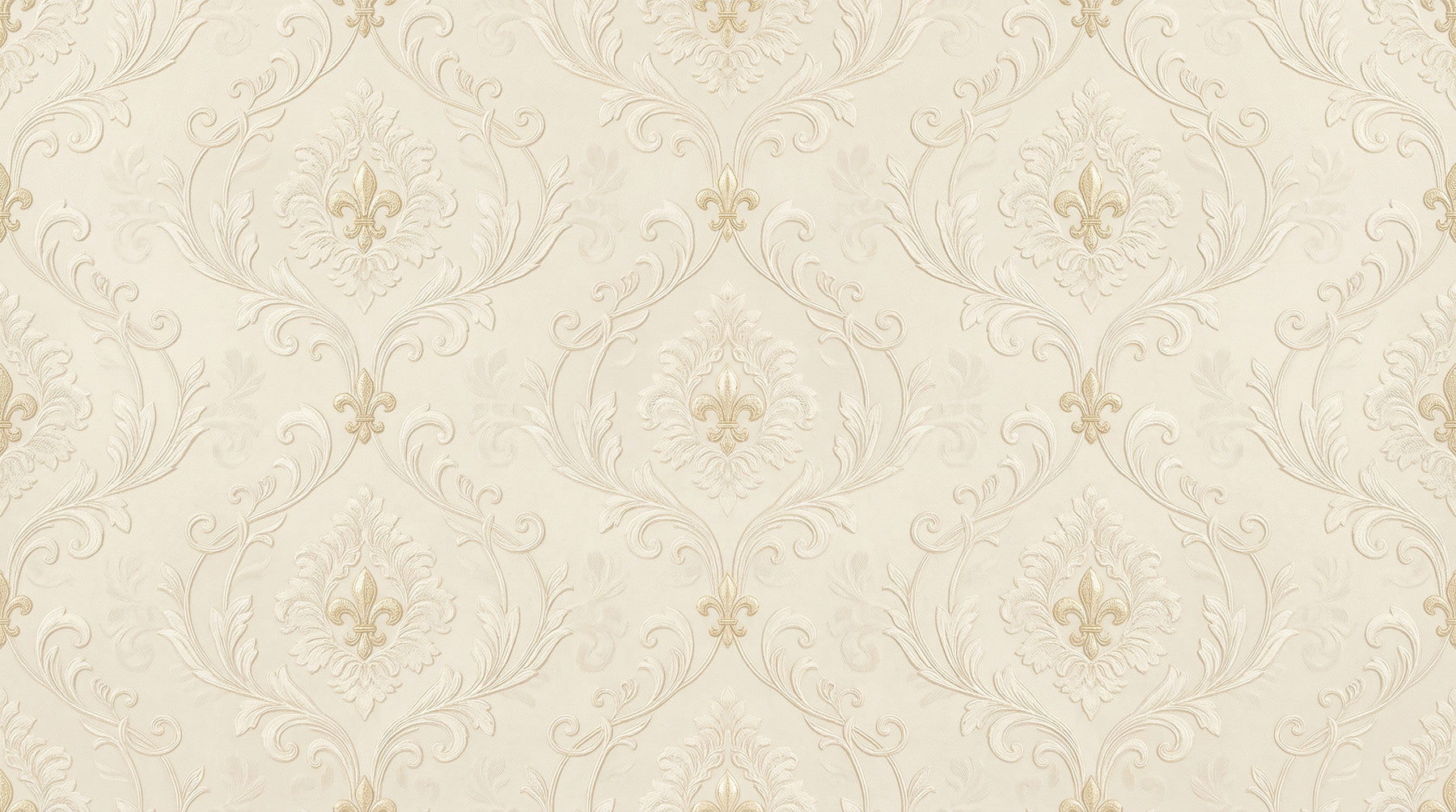 Living room styled with Regal scrollwork mural in beige damask tones