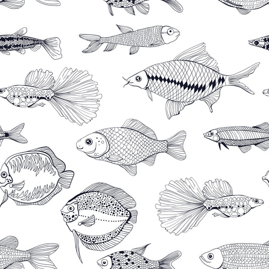 Modern Hand - Drawn Fish Line Art /Black and White Nautical Pattern Wallpaper⁠