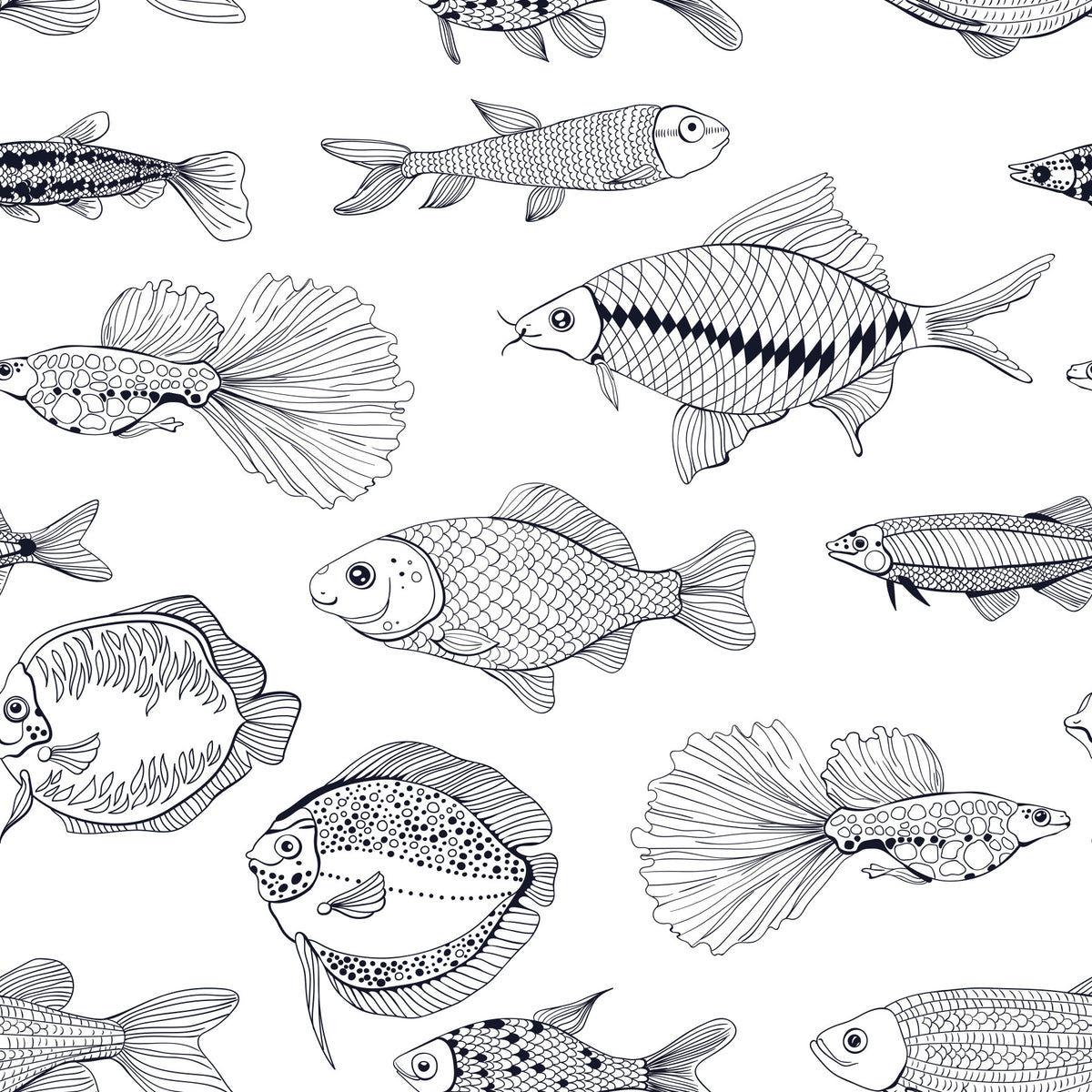 Modern Hand - Drawn Fish Line Art /Black and White Nautical Pattern Wallpaper⁠ in your room