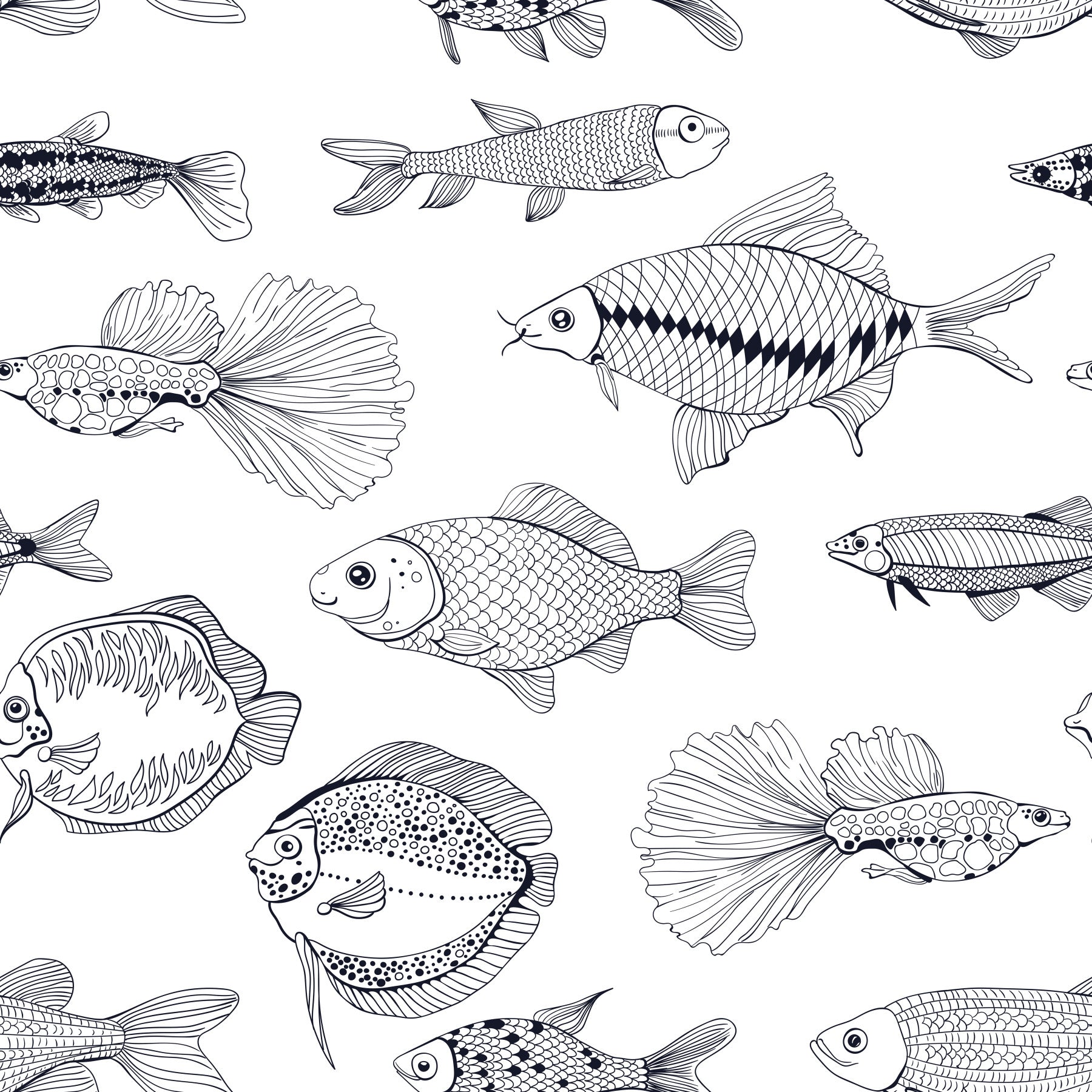 Modern Hand - Drawn Fish Line Art /Black and White Nautical Pattern Wallpaper⁠