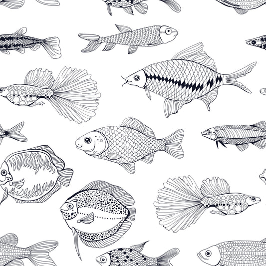 Modern Hand - Drawn Fish Line Art /Black and White Nautical Pattern Wallpaper⁠