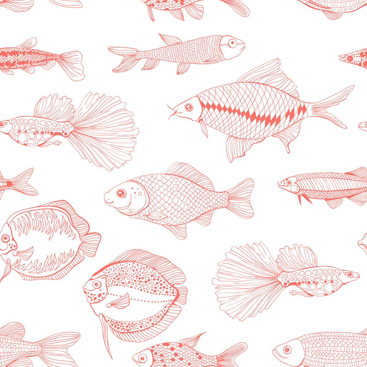 Modern Hand - Drawn Fish Line Art /Coral and White Nautical Pattern Wallpaper⁠ in your room — zoomed