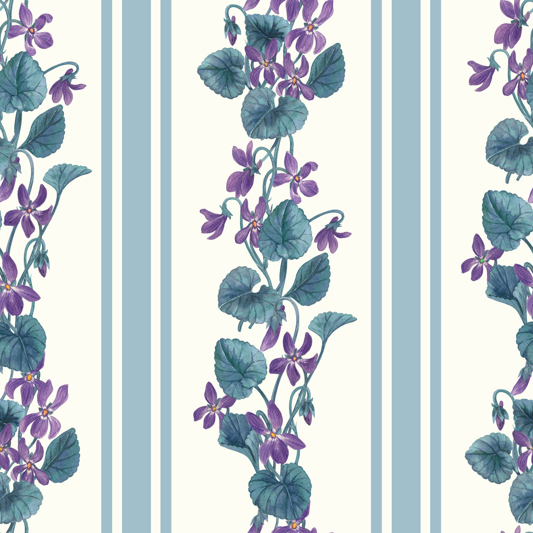 Living room with Stripes Violets Wallpaper and blue vertical floral lines