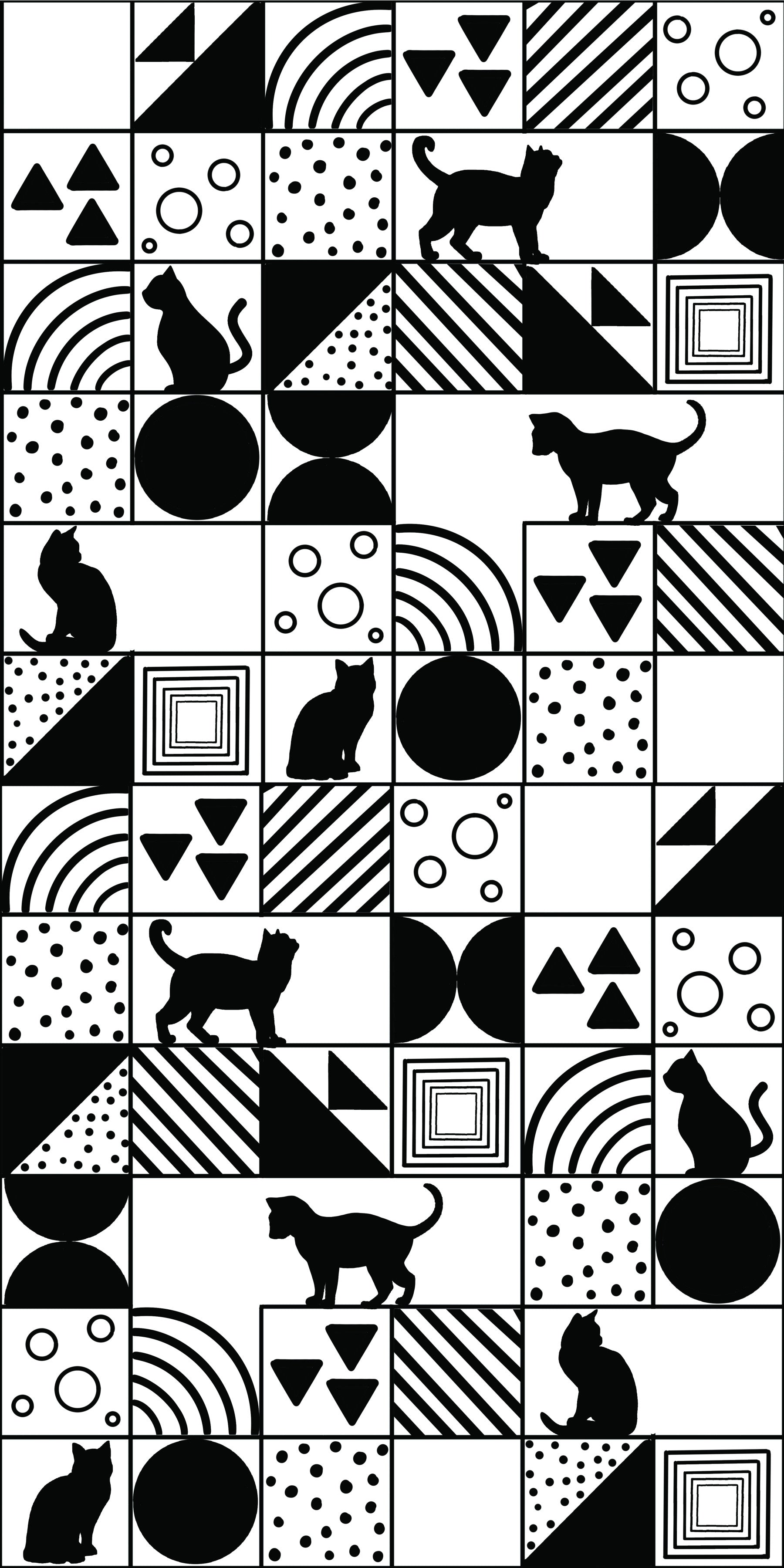 Living room wall finished in Monochrome Cat Maze wallpaper with black feline tiles
