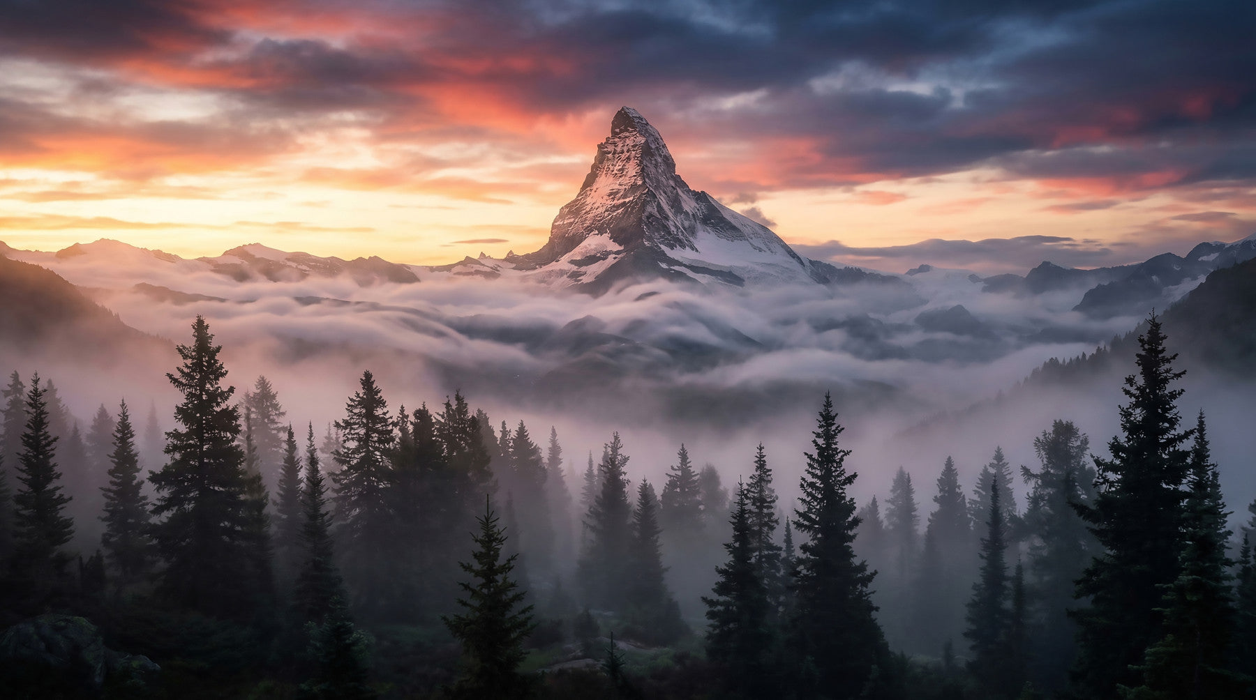 Living room with Alpenglow Summit Wall Mural and misty alpine peak view